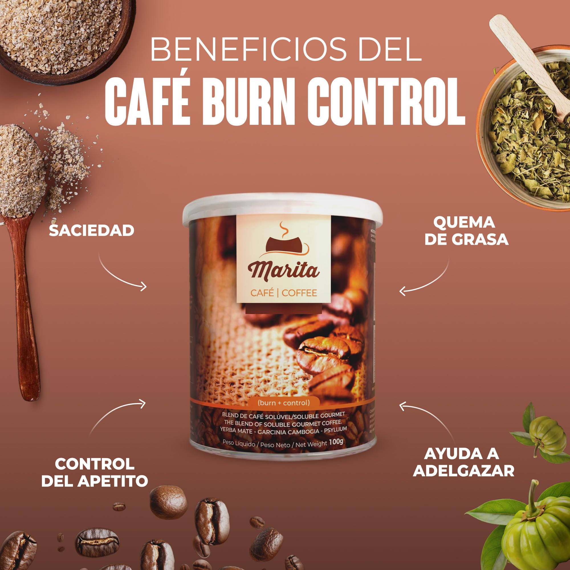 Café Marita Burn Control Café Funcional para Control de Peso, Saciedad y Reducción de Hinchazón 100g rinde hasta 66 dosis.
