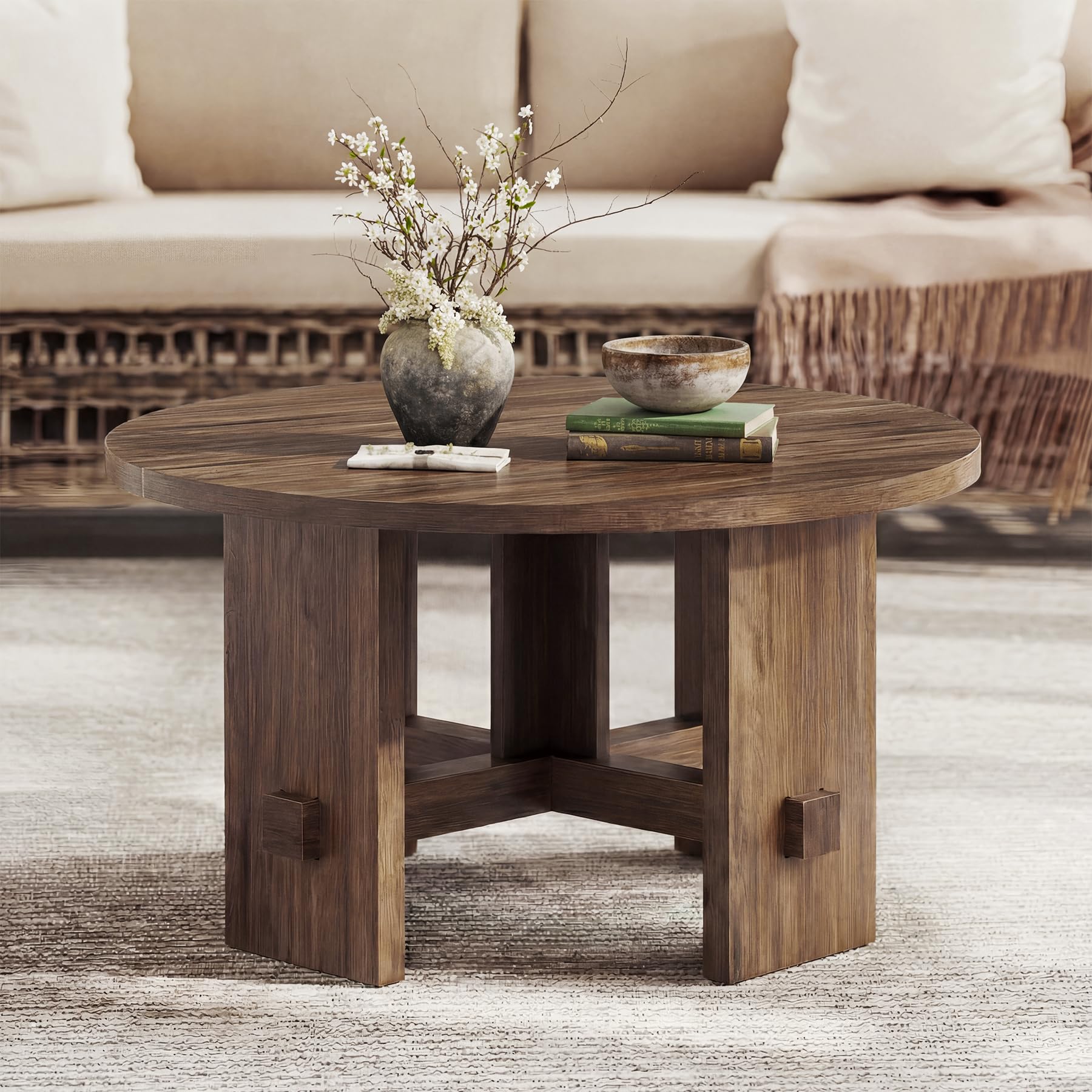 Tribesigns Round Coffee Table, 80 cm Small Circle Center Table with Pedestal, Modern Farmhouse Wooden Accent Sofa Side Table for Living room, Bedroom, Office, Easy Assembly, Brown