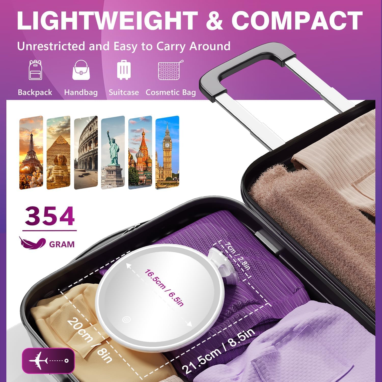 Auxmir Miroir Grossissant 30x Lumineux - Rechargeable avec 3 Modes D'éclairage LED - Ventouse d'attache Ajustable à 360° sans Fil - Miroir Cosmétique Portable pour Salle de Bain, Voyage