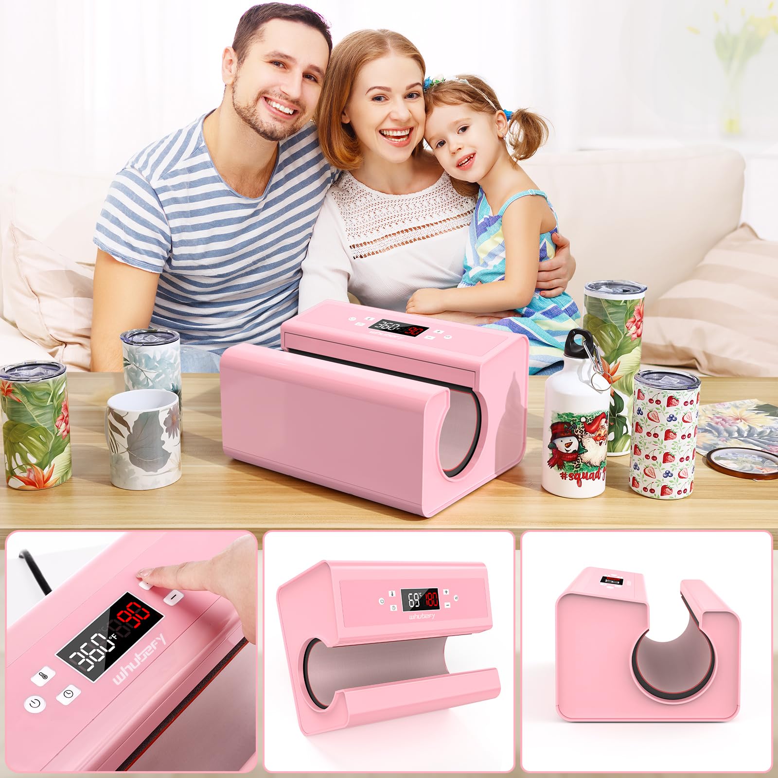 Pressa automatica per tazze, tazze, tazze, tazze da caffè, borracce e borse, controllo preciso dell'ora e della temperatura, regolazione della pressione premendo un pulsante (rosa)