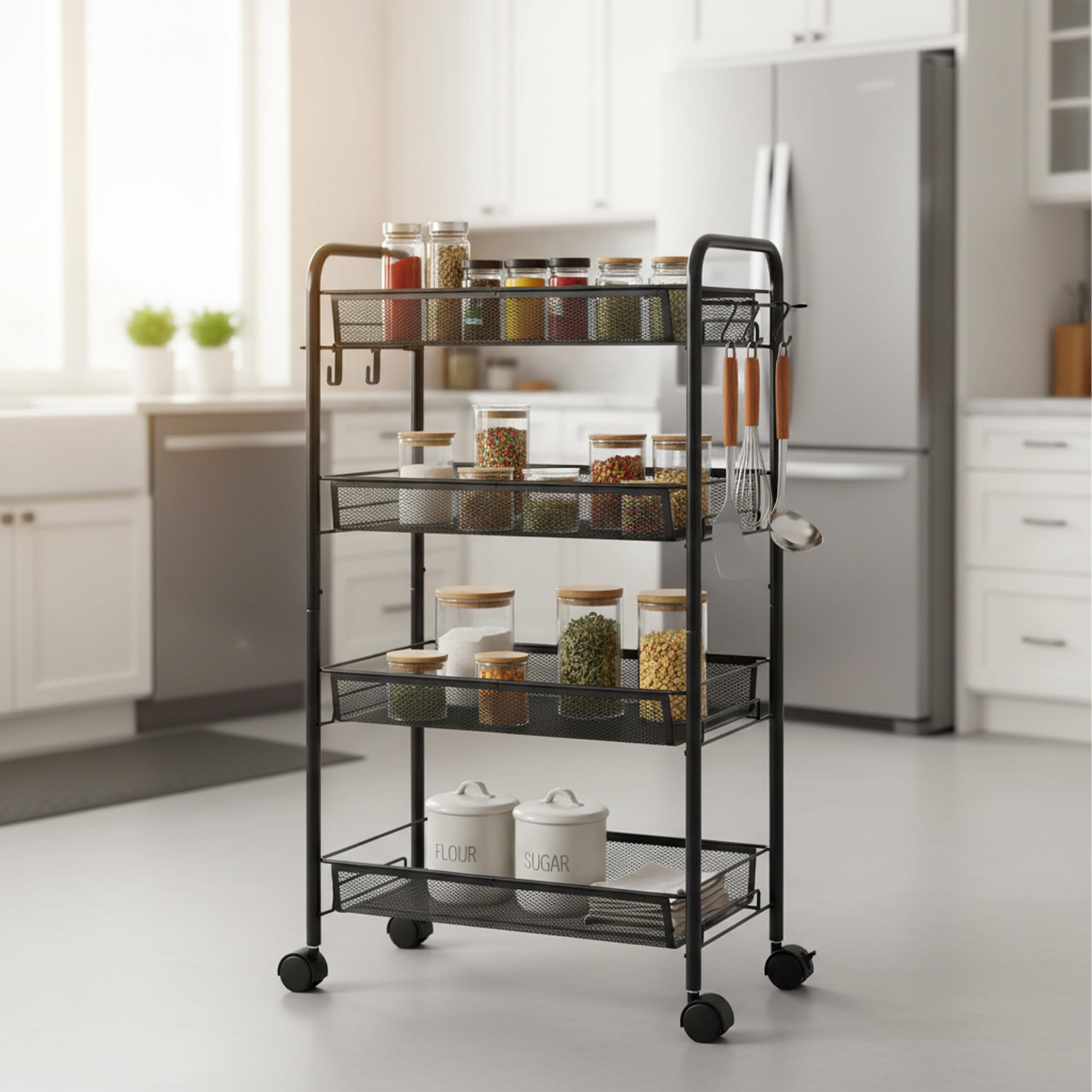 Chariot Relaxdays 4 étagères en Maille - desserte Cuisine/Salle de Bain/Bureau, 84×44,5×26 cm, métal Noir