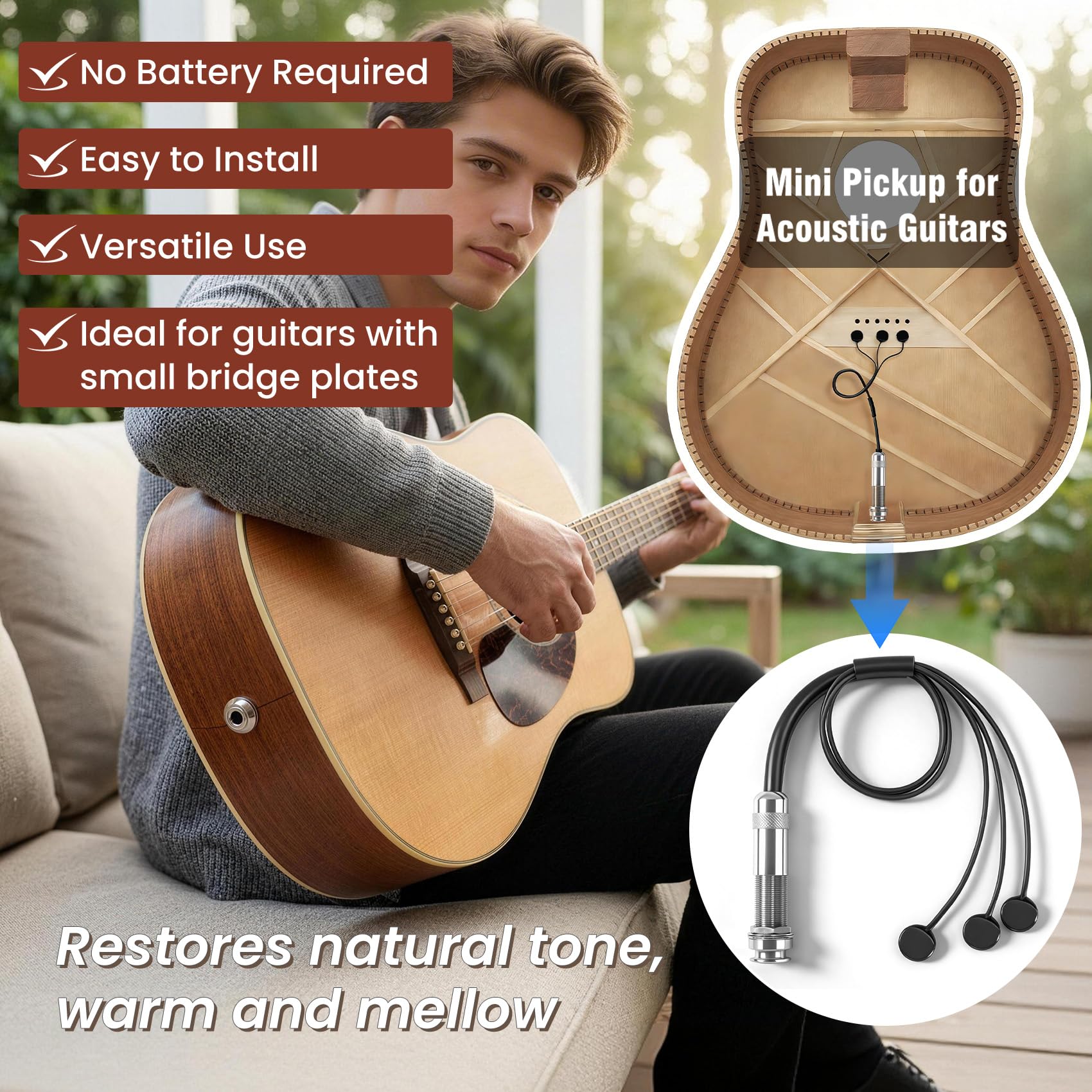 Mini pickup per chitarra acustica, pickup piezoelettrico passivo con tre pickup piezo bilanciato per chitarre acustiche, modelli GS Mini e Journey pieghevoli, chitarra acustica con corde in acciaio