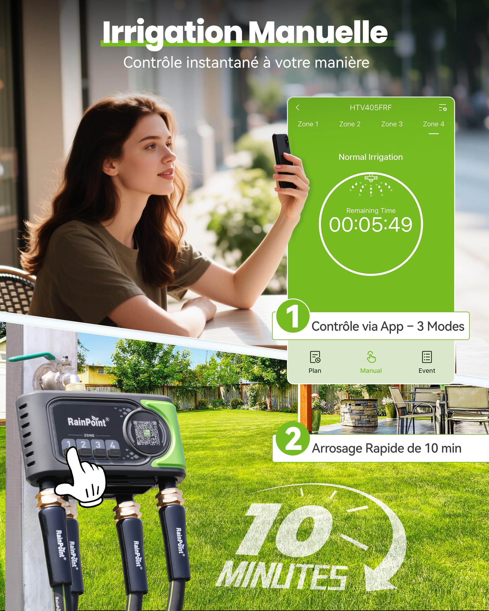 RAINPOINT Programmateur d'Arrosage WiFi 4 Voies, Arrosage Automatique Météo, 4 Sorties Laiton, Contrôle App et Vocale Jardin