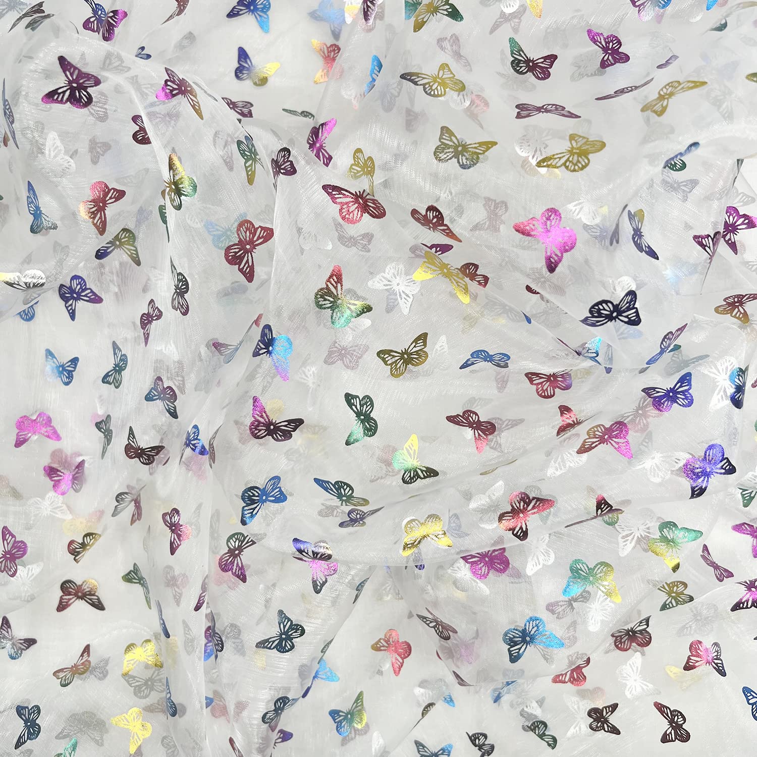 White Patterned Organza Fabric Composed with 100% Nylon Butterflies Design Lightweight Material for Dress Making Decoration & Craft | 150cm Wide | Sold by Meter