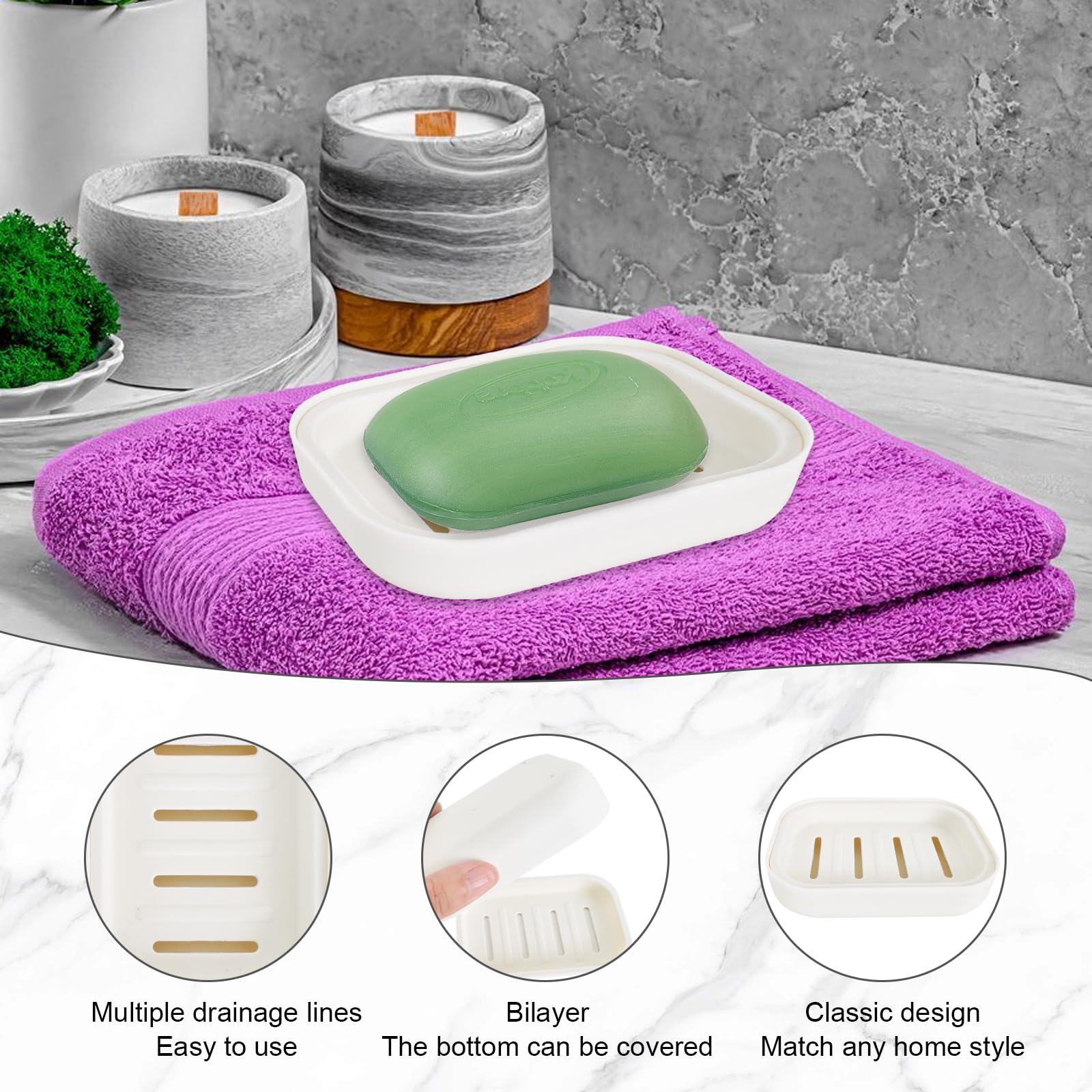 2 Pezzi Portasapone Con Scarico In Plastica | Grigio E Bianco, Antiscivolo, Compatto, Per Viaggio E Doccia, 13x8,5x2 Cm - 3