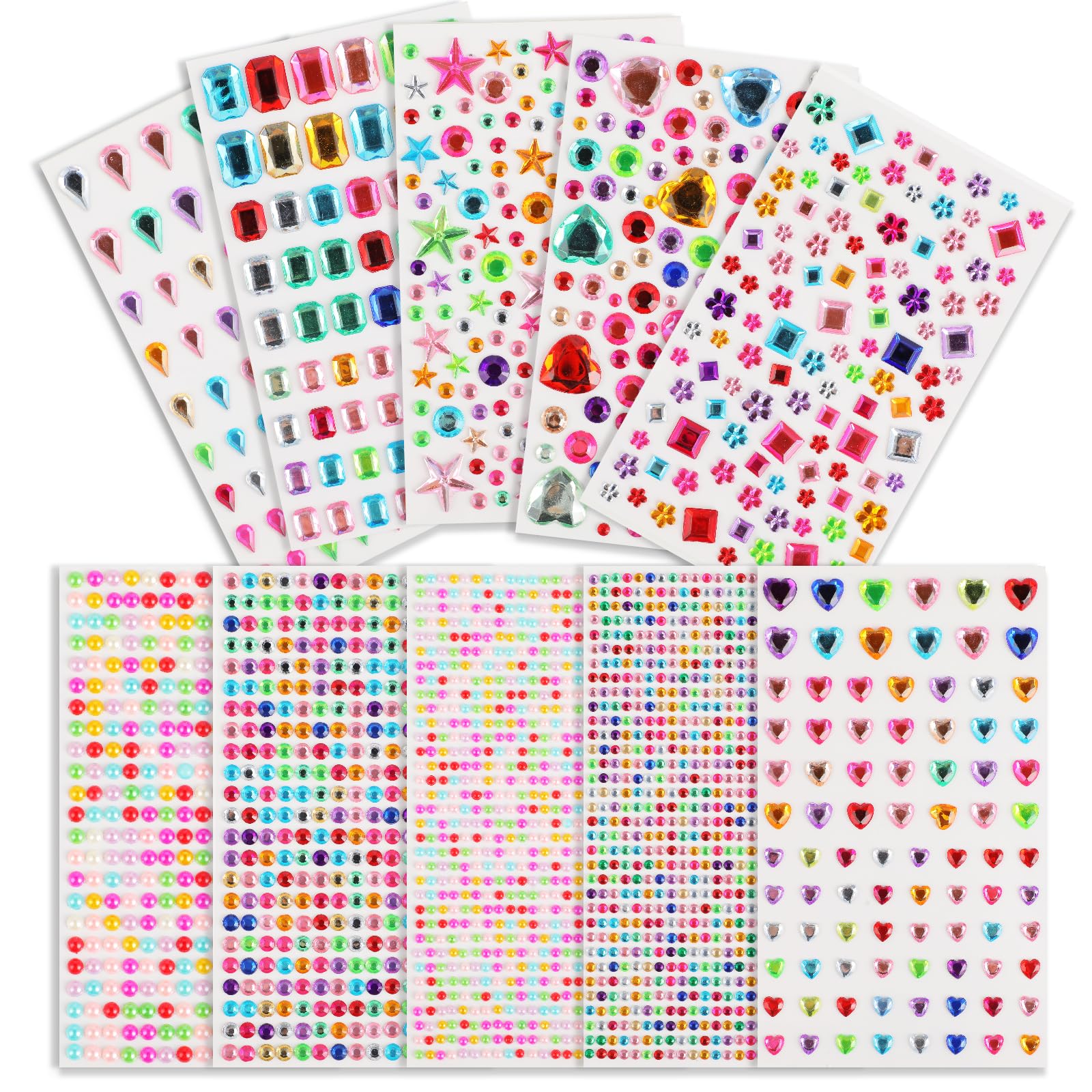 1300 adesivi con strass, 10 fogli di gemme autoadesive per bambini, multicolore a forma assortita, gioielli di cristallo per fai da te per il trucco del corpo delle unghie