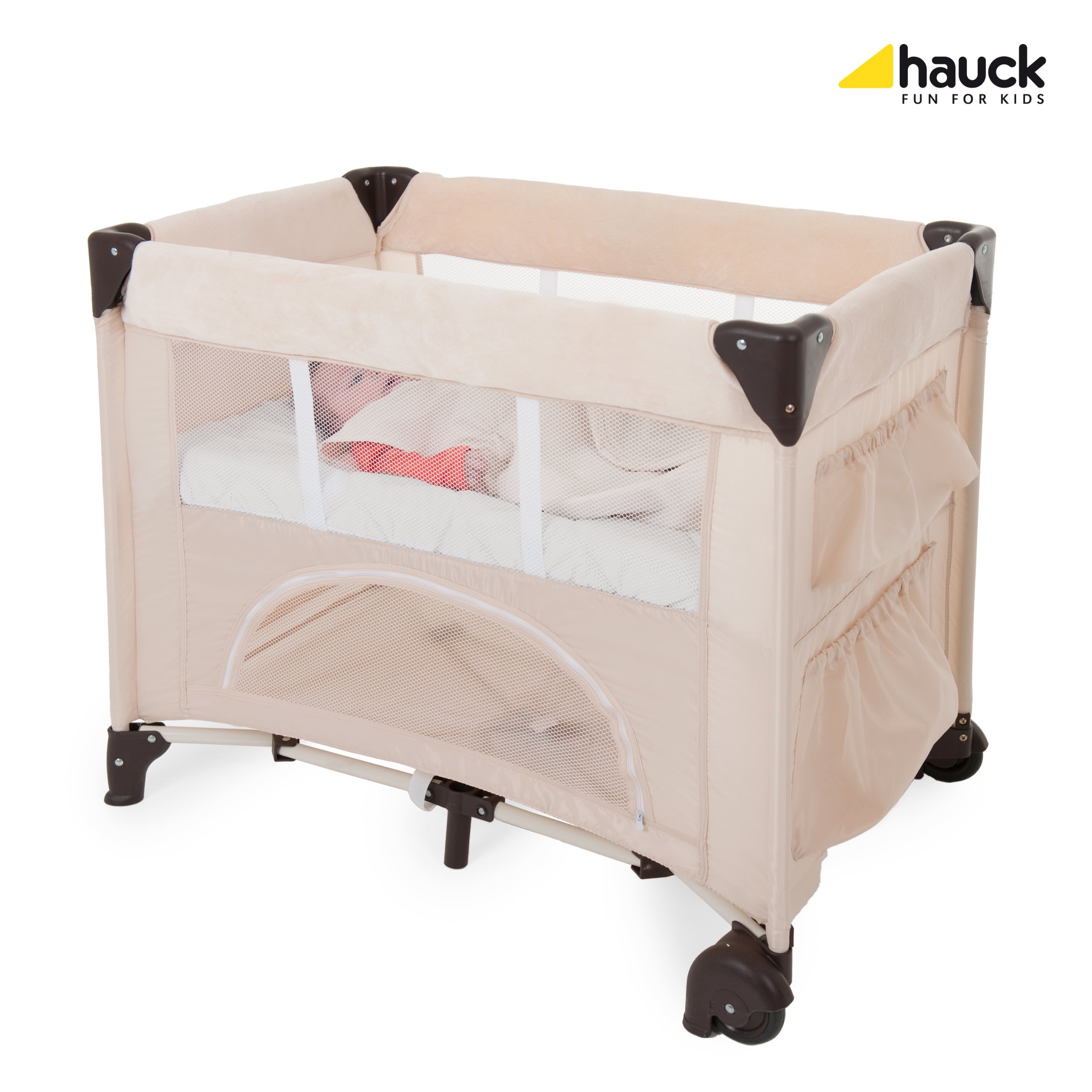 Hauck Bed Me prześcieradło ochronne na materac 80 x 50 cm, z elastycznymi narożnikami, miękkie prześcieradło z gumką do łóżeczka podróżnego – beżowe