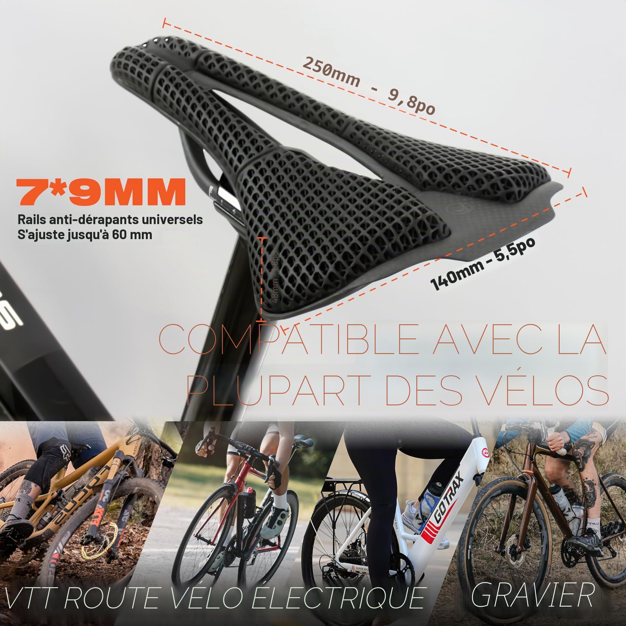 IMPALAPRO Selle Carbone Imprimée 3D Ultraléger 250x140mm — Selle 3D Carbone Haute Fermeté — Selle Vélo en Carbone T800 Ergonomique Respirante — Rails Ovales 7x9mm