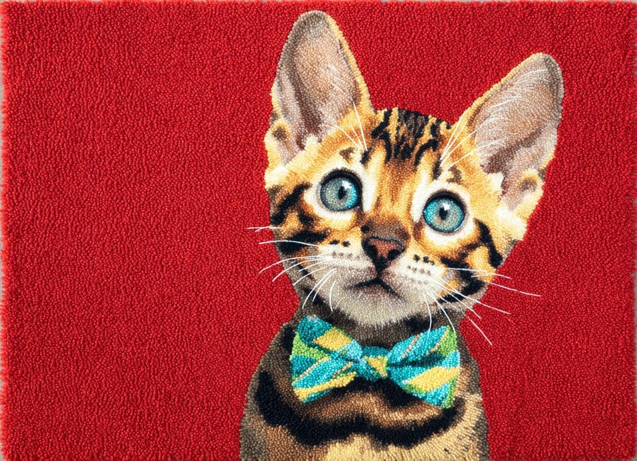 Latch Hook Rug Kit Bengal Cat with A Bow Tie Tapestry 52x38cm
