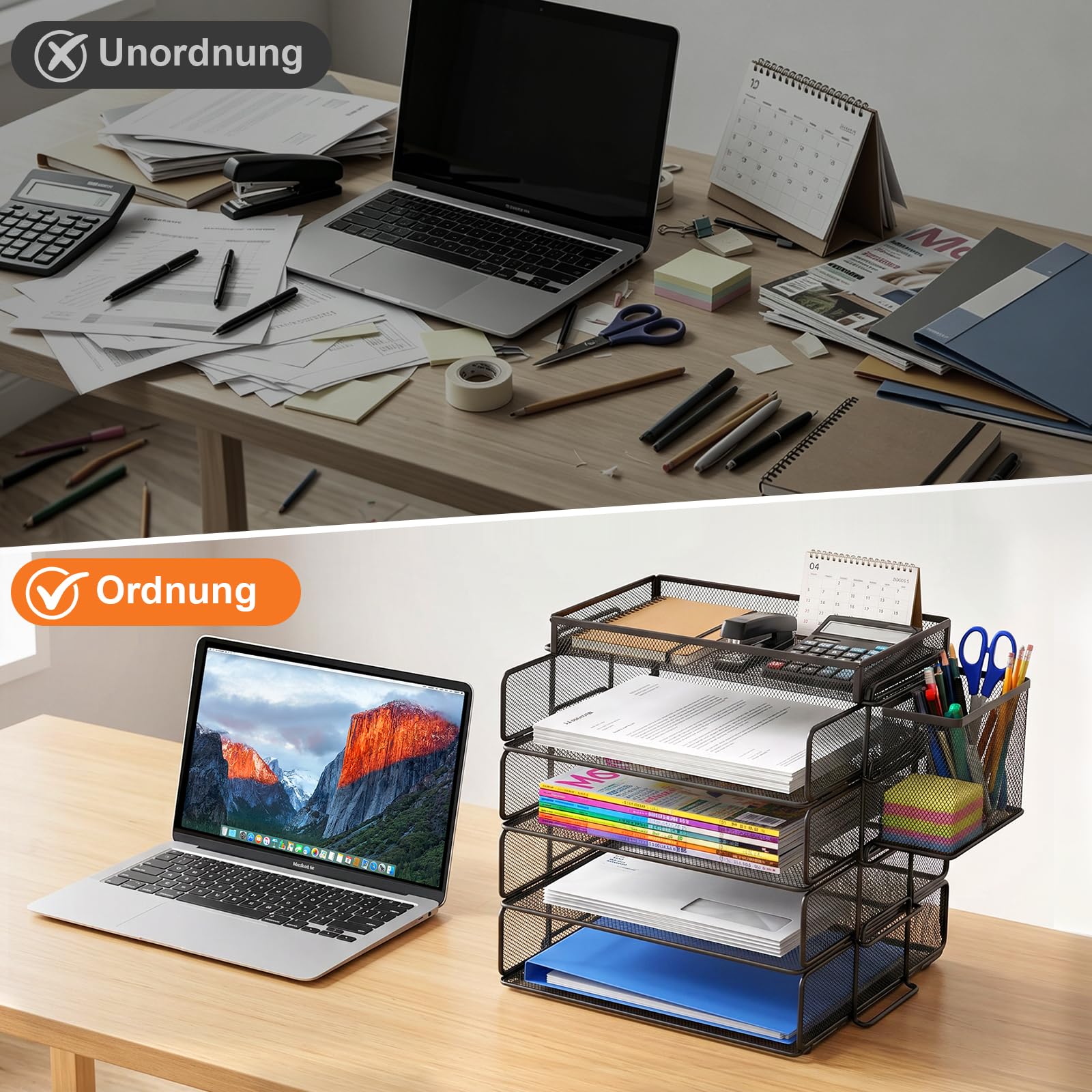Briefablage a4 stapelbar, Schreibtisch Organizer mit 4 fächern und stiftehalter, Organizer büro aus Metall, formstabil & wackelfrei,ideal für Ordner, Briefe und Dokumente (schwarz)
