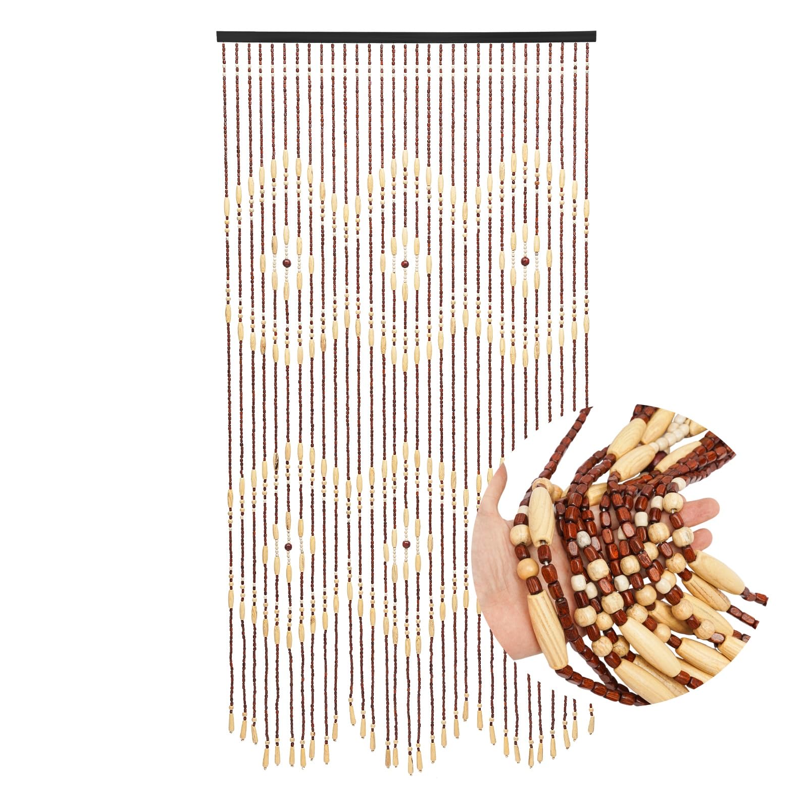 Rideau de perles en bois - 90 x 175 cm - Rideau de porte rétro en bambou - 31 lignes - Avec motif perles - Rideau de porte - Fil de coton - Beige et marron
