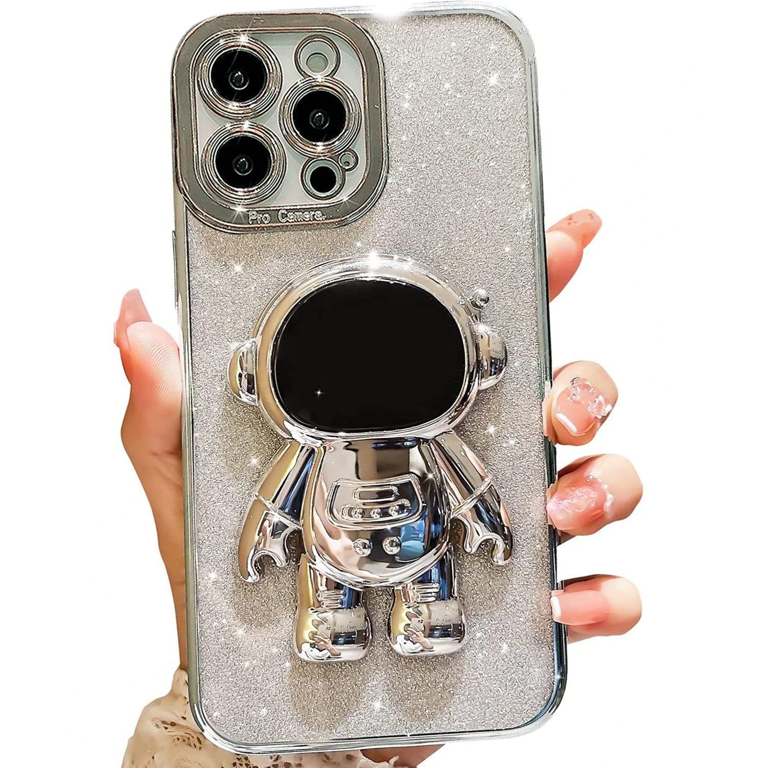 Yepda Designed for iPhone 11 Pro Max Glitter Case Luxury Plating Astronaut Hidden Stand Case, Cute 3D Kickstand, Bling Slim Thin Shockproof for Women Girls Protective Clear Phone Cover Case, Silver