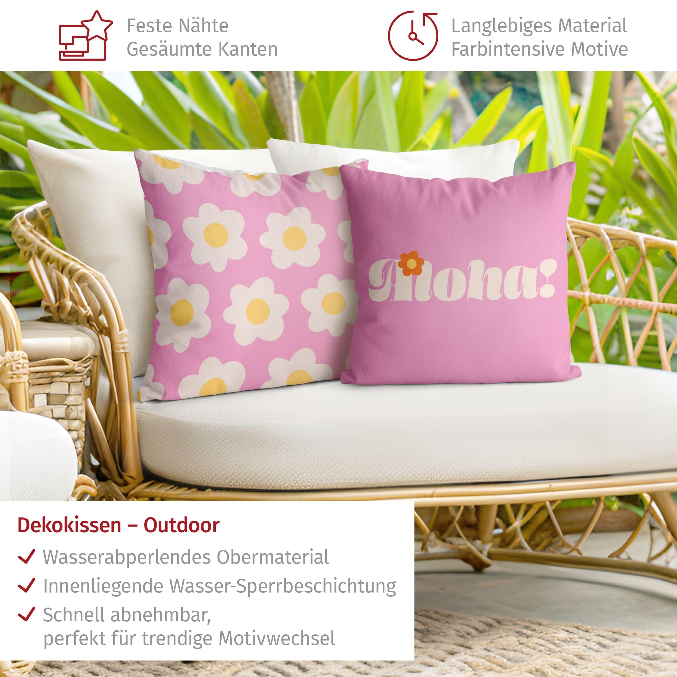 Dekokissen 2-teilig draußen/Outdoor waschbar Sprüche mit Füllung Zierkissen - Made in Germany - Blumenmuster Bezug rosa Sofakissen Pop Art Outdoor Sofa Bett 1235