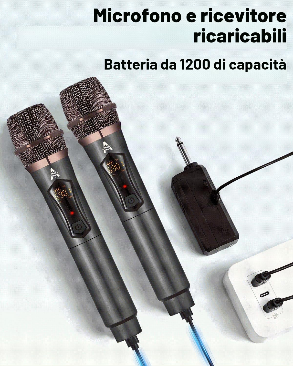 ALPOWL WXM Microfono Wireless, Microfono Karaoke con 192KHZ/24Bit, Professionale UHF Cordless Dynamic Mic System, Sistema PA Ricevitore Ricaricabile per Amplificatore Vocale(Nero)