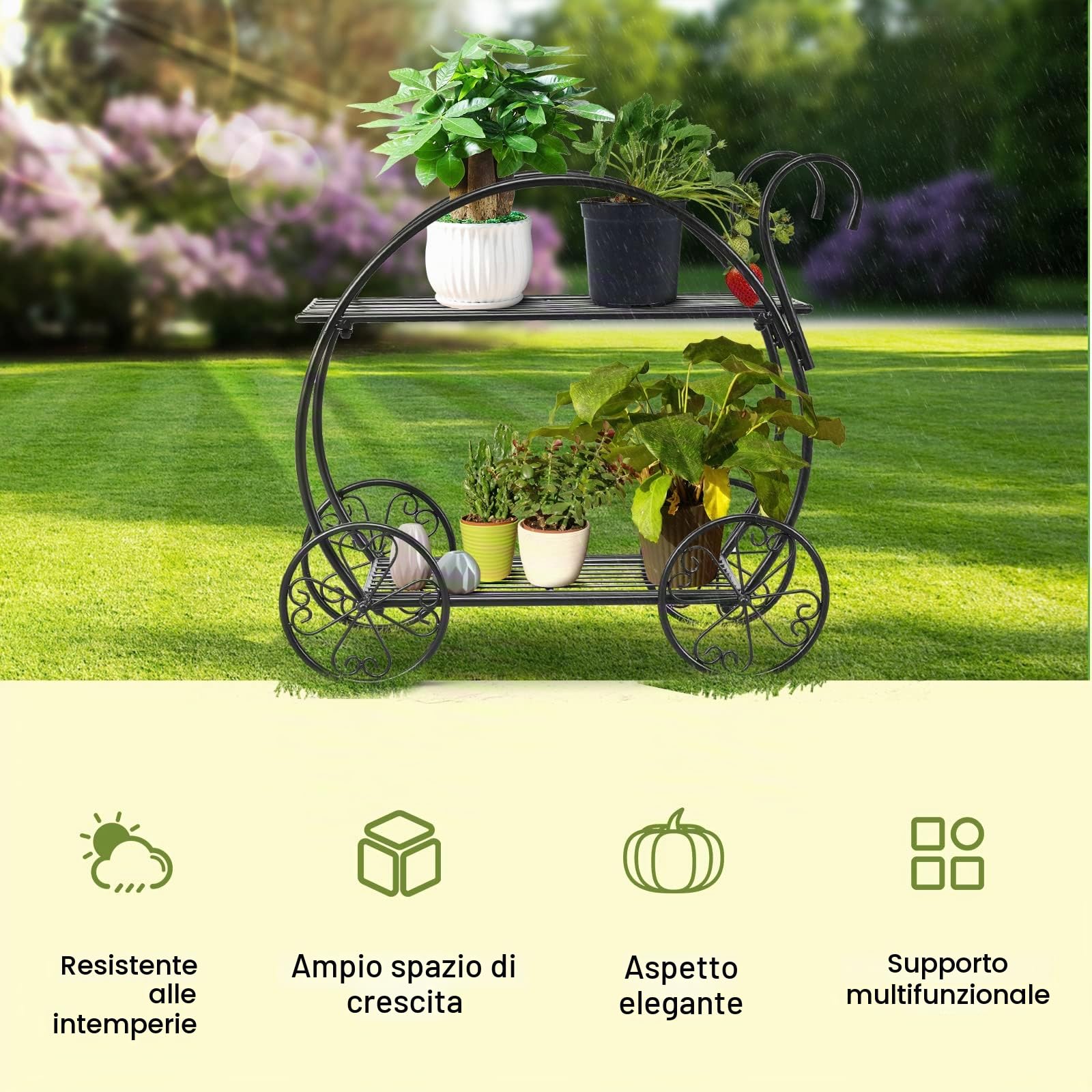 Scaffale per Piante in Metallo, Espositore Unico e Delicato per Fiori da Esterni, Supporto per Fiori, Porta Piante in Ferro Battuto a 2 Livelli da Balcone, Salotto, 66 x 34 x 62,5 cm, Nero