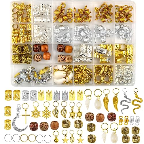 Qingchuang 241 piezas de joyas para el cabello para trenzas, rastas de metal dorado y plateado, conchas de imitación de madera, puños ajustables,