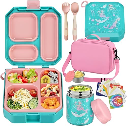 wiwens Lonchera Bento para niños con sopa térmica de 12 onzas a prueba de fugas con 5 compartimentos, tarro térmico de comida caliente y bolsa de