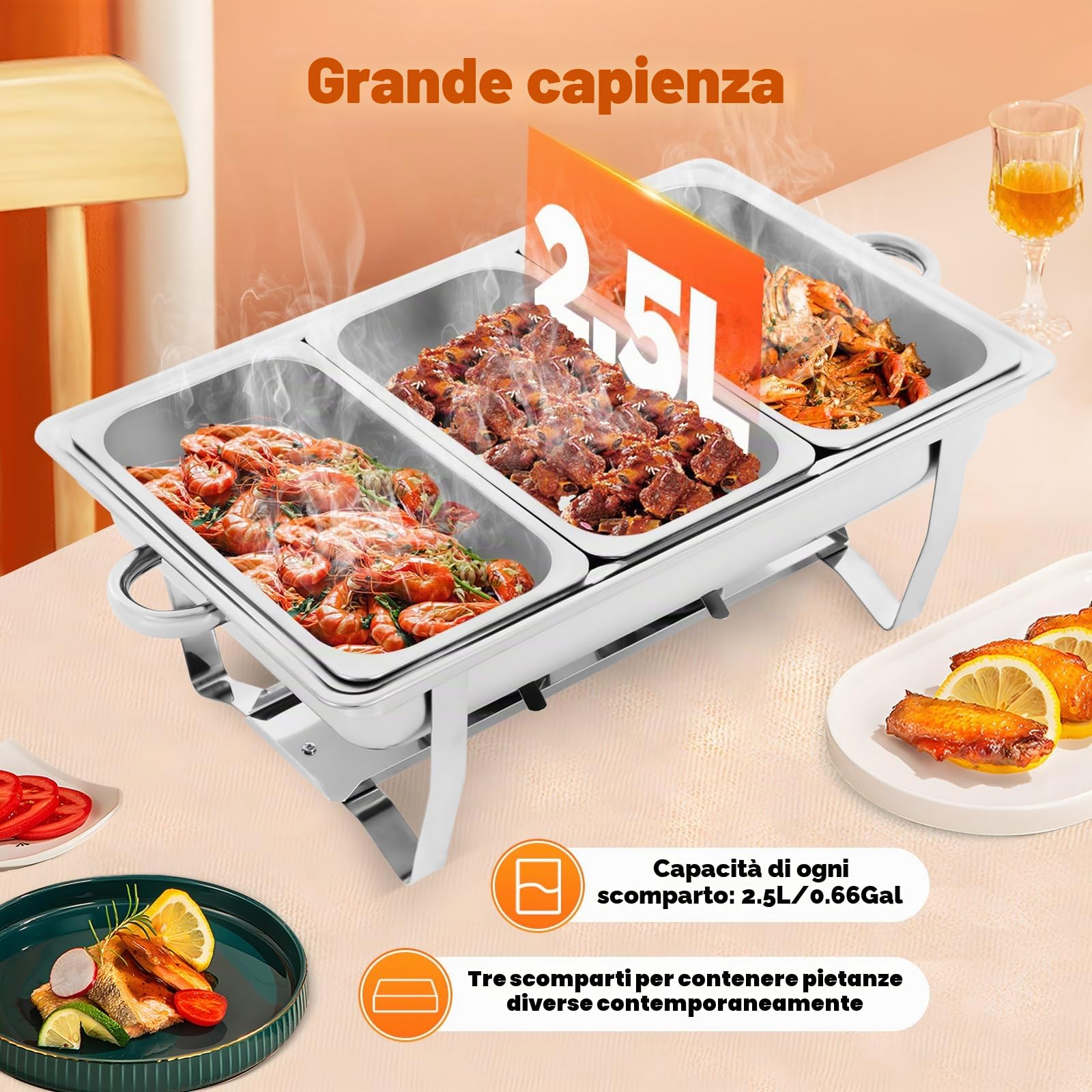 Set professionale per chafing Dish, Scaldavivande per Buffet Acciaio Inox 3x 9L, 52,8 x 32,5 x 9,2cm Contenitore Vassoio di Riscaldamento per Buffet Albergo Hotel Mensa Supermercato Ristorante