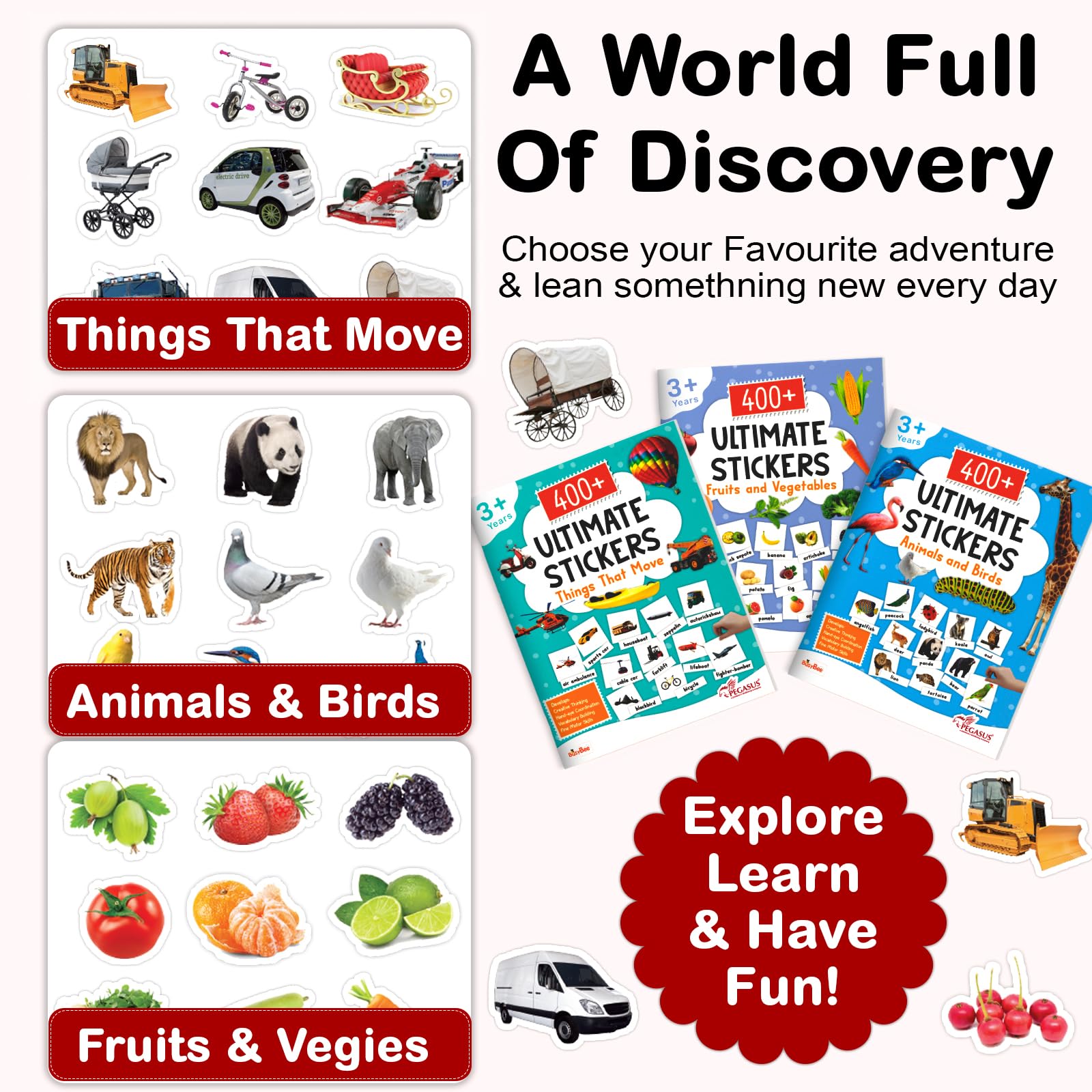 Pegasus 1200+ Ultimate Stickers Books (Set of 3) - Fruits and Vegetables, Animal and Birds, Things That Move for 3+ Years Kids | Stickers for Classroom Activity & Holiday Homework