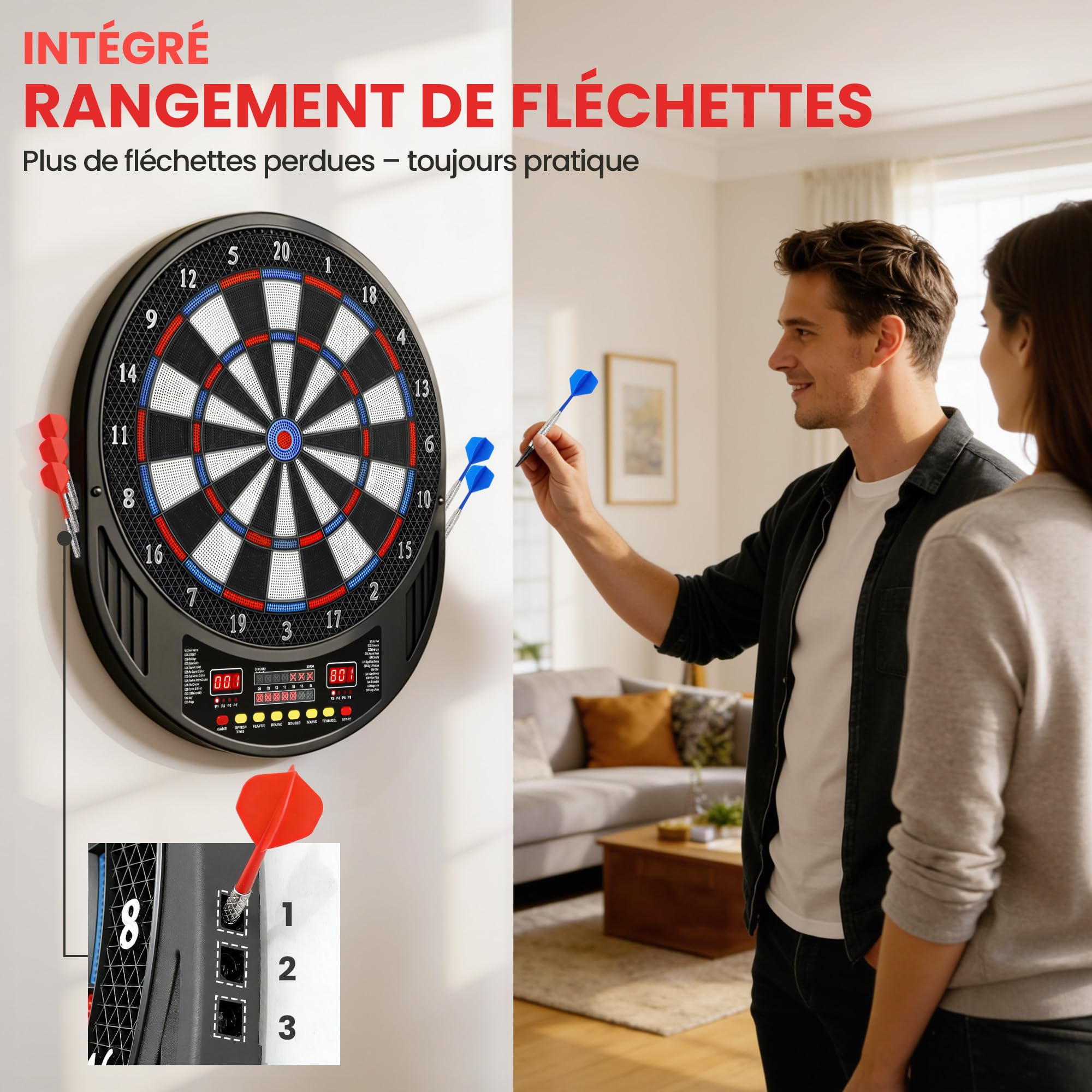 SPORTNOW Cible de fléchettes électronique à Pointe Souple avec Double écran LED, 6 fléchettes, 24 Pointes de Rechange, 33 Jeux, 202 Variantes, pour 8 Joueurs