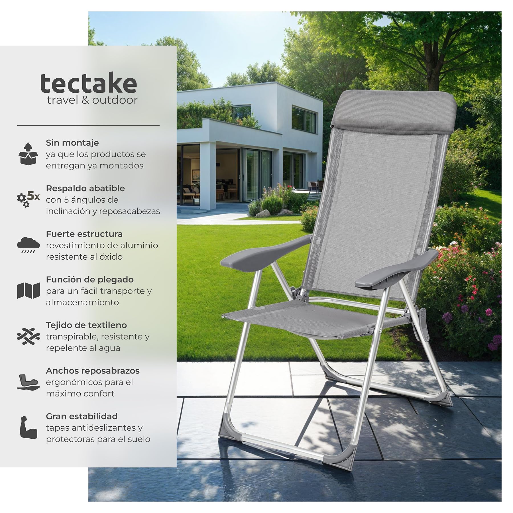 tectake® Conjunto Sillas Jardín Exterior de Aluminio, Respaldo Regulable y Reposacabezas, Conjunto Sillas Terraza Resistentes a Intemperie, Transpirable, Patas Reforzadas - 4 Sillas Gris