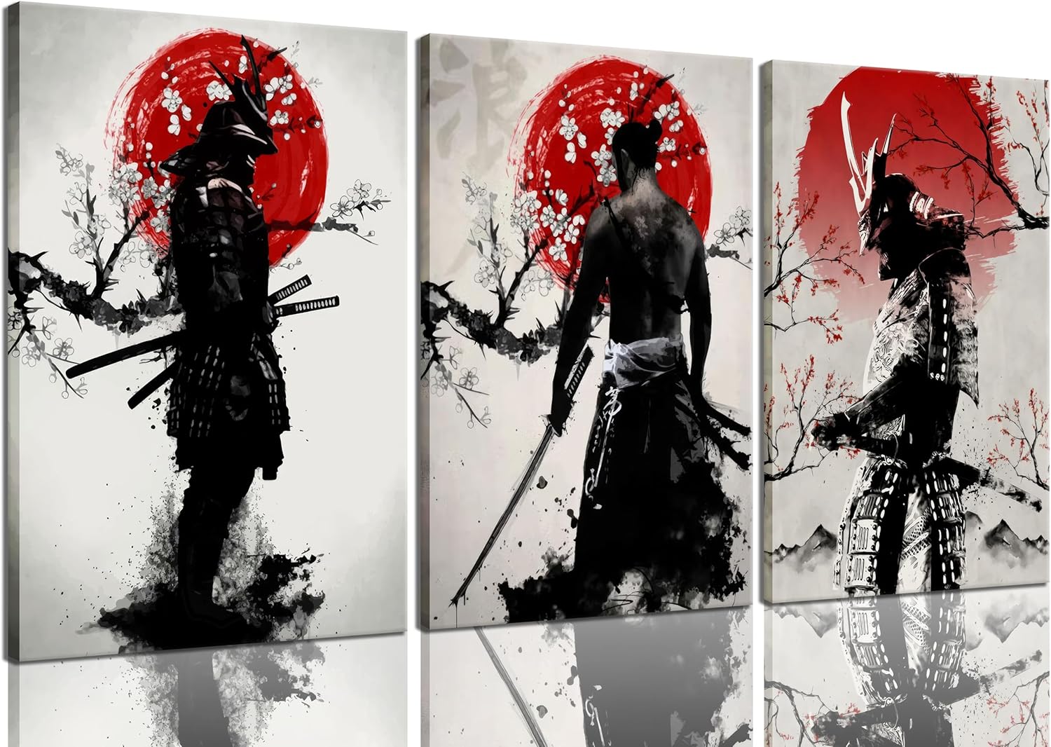 3Pcs Japanese Wall Art Japan Warrior Figure Wall Decor Armored Samurai Posters Prints Asian Cherry Ninja Painting Pictures for Living Room Bedroom Canvas Framed