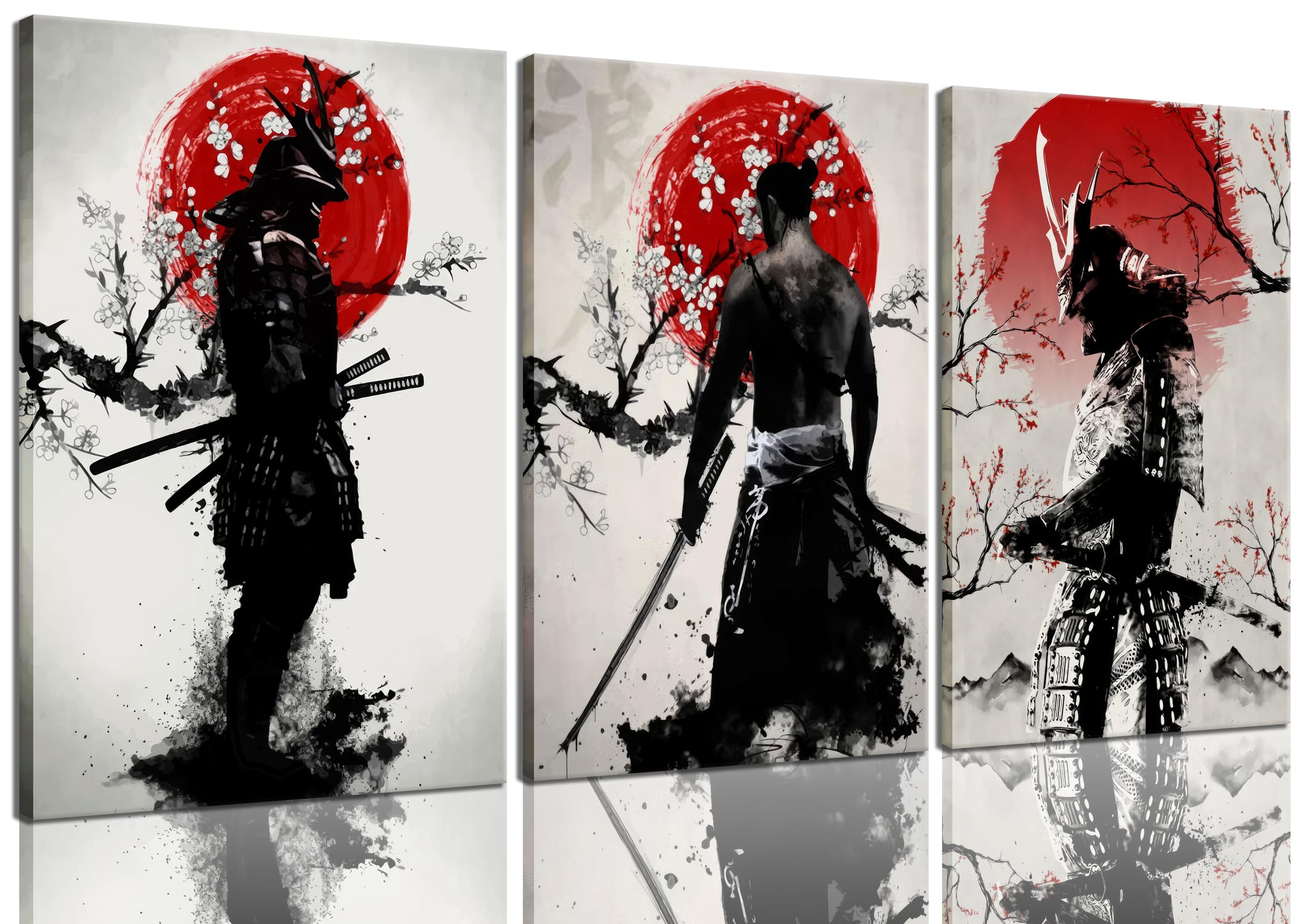 3Pcs Japanese Wall Art Japan Warrior Figure Wall Decor Armored Samurai Posters Prints Asian Cherry Ninja Painting Pictures for Living Room Bedroom Canvas Framed