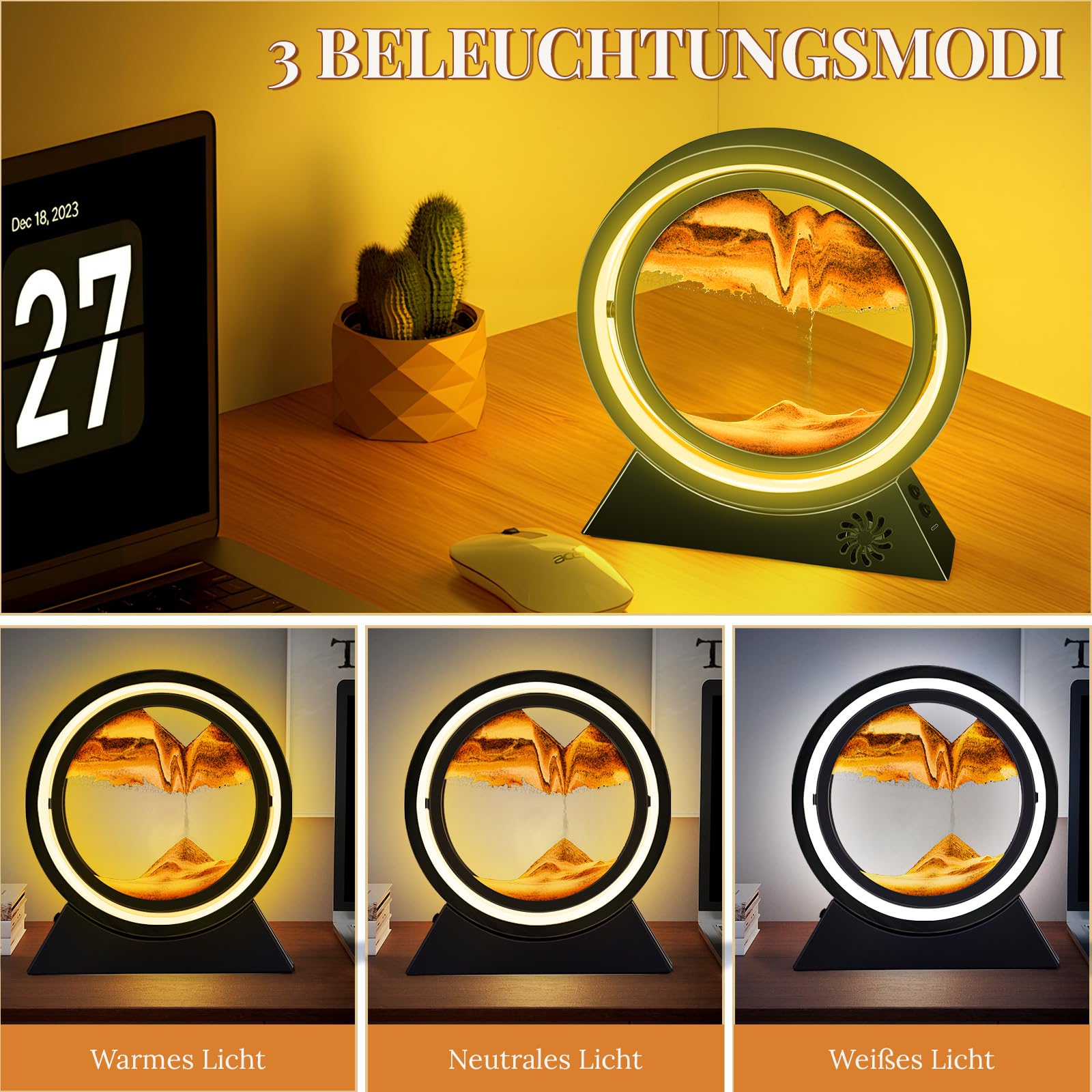 BuzzoXerex Sandbilder Zum Drehen, Fließende Sandmalerei mit LED Licht, Bluetooth Fähig 10 Zoll Bewegende Sandkunst 3D Dynamische Sandbild für Büro Wohnzimmer Schreibtisch (Schwarz-Orange)