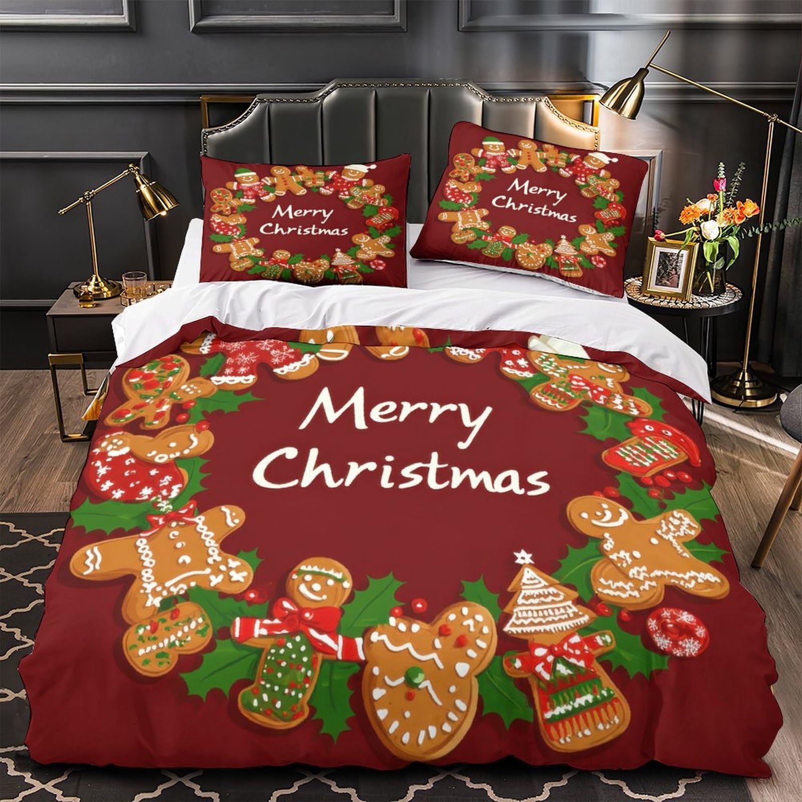 Housse de couette 200x200 pain d'épice 3D microfibre résistante avec 2 taies