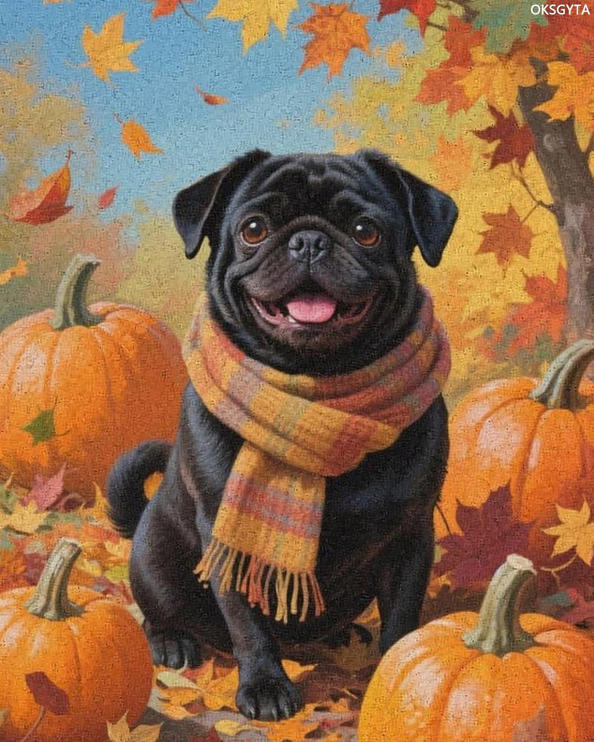 OKSGYTA Paint by Numbers Kit Fall Autumn Dog Adult Paint by Number Kits Black Pug Dog Thanksgiving DIY Canvas Painting Kits for Home Wall Decor 16x20in Without Framed
