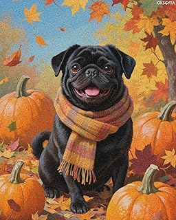 OKSGYTA Paint by Numbers Kit Fall Autumn Dog Adult Paint by Number Kits Black Pug Dog Thanksgiving DIY Canvas Painting Kits for Home Wall Decor 16x20in Without Framed