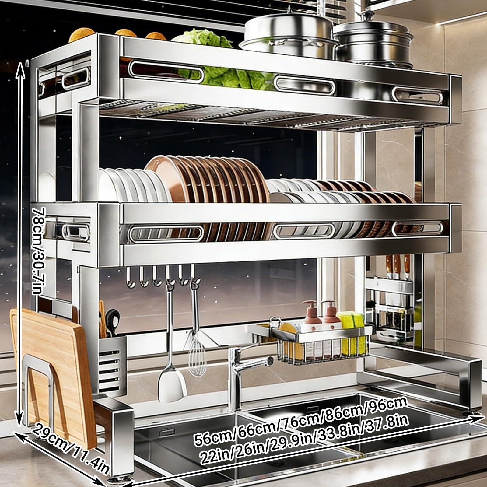 Escurridor de platos, organizador de almacenamiento de acero inoxidable para fregadero, estante de encimera de cocina que ahorra espacio para platos, vasos, cubiertos, 96 cm