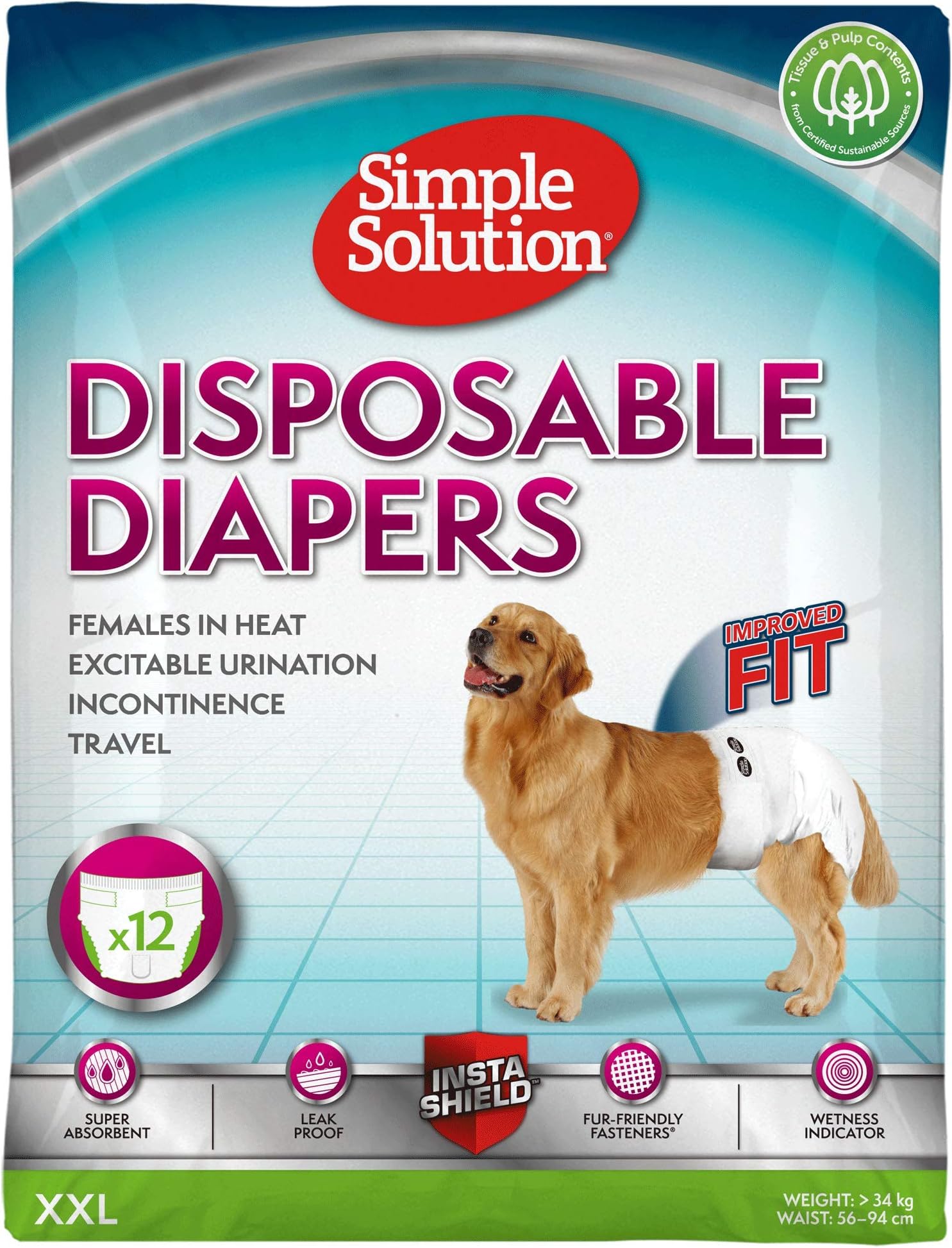 Simple Solution Disposable Female Dog Diapers, White, XXL Pack Of 12, X-Large