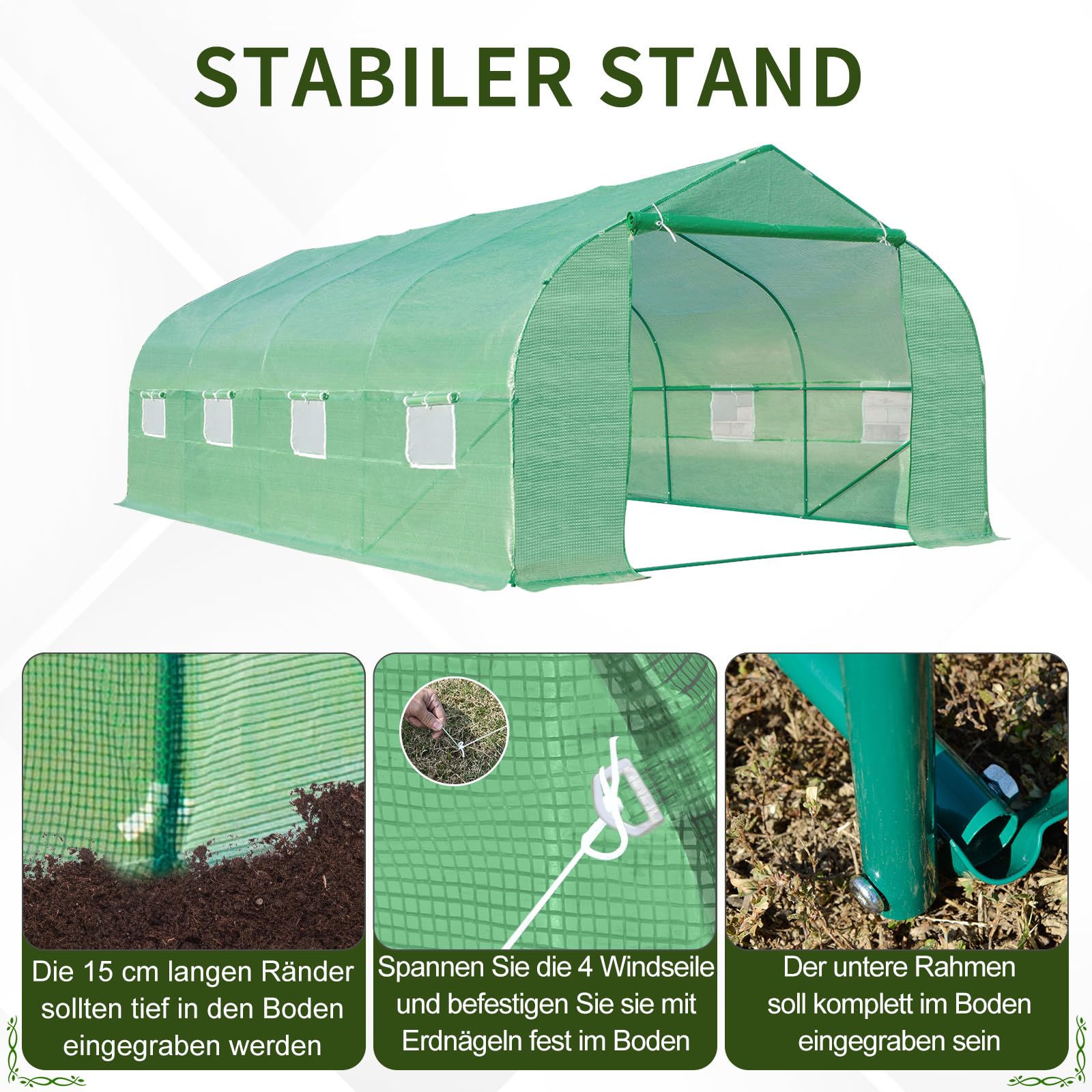 Outsunny Gewächshaus mit Rollbar Reißverschlusstür Foliengewächshaus 6x3x2m | Folientunnel mit 8 Netzfenster Stützstangen UV-beständig Winterfest Tomatenhaus, Grün