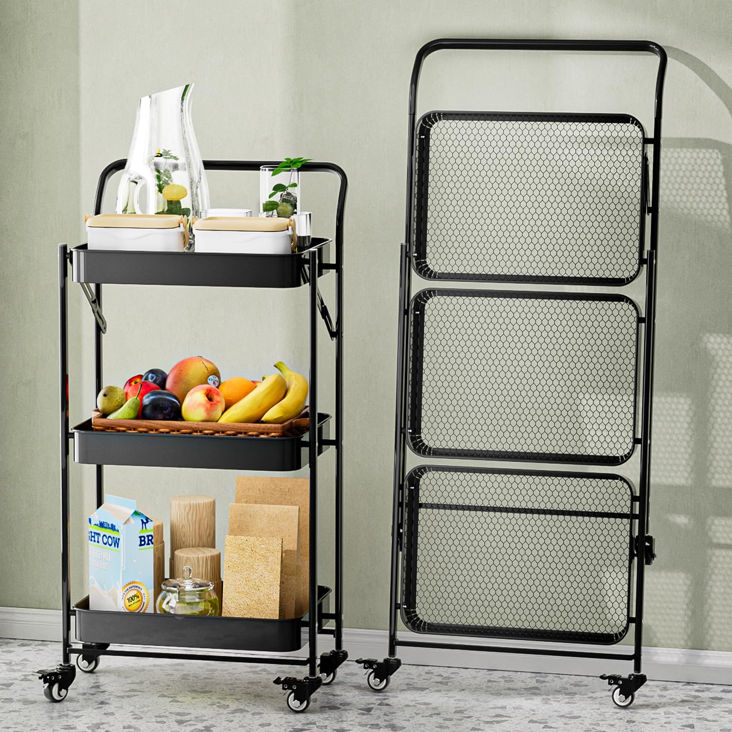 JAQ No Assembly Foldable Rolling Cart, 3 Tier Black Metal Folding Utility Cart with Handle, Heavy Duty Mobile Storage Organizer on Wheels for Office,