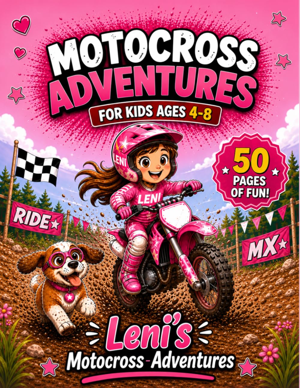 Motocross Coloring Book for Girls Ages 4–8: 50 Cute Dirt Bike Adventures with Leni – Fun Motocross Scenes, Adorable Animals, Mazes, Games & Easy Coloring Pages for Kids