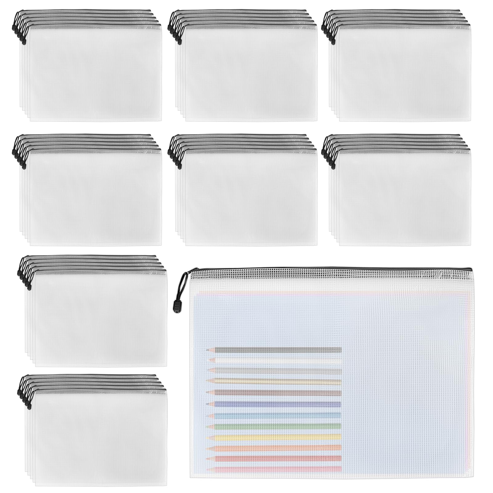 ZEONHAK 40PCS A3 Black Zip Wallets, 43x30cm 43x30cm Plastic Zipper Mesh Pocket for Office, Travel