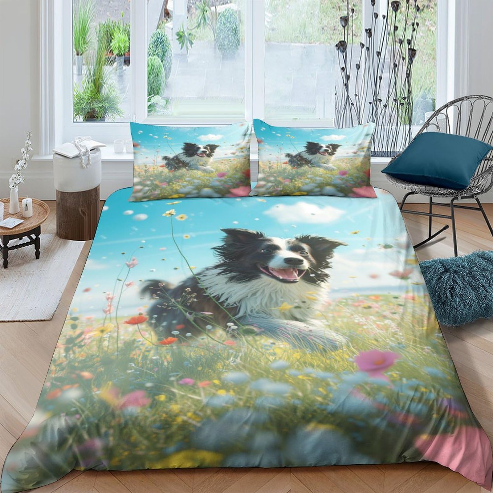 TNFHSOFT Border Collie Duvet Cover Set Inch 3 Piece Printing Soft Comfortable Hypoallergenic With Zipper Closure for Kids Teens Adults Double（200x200cm）