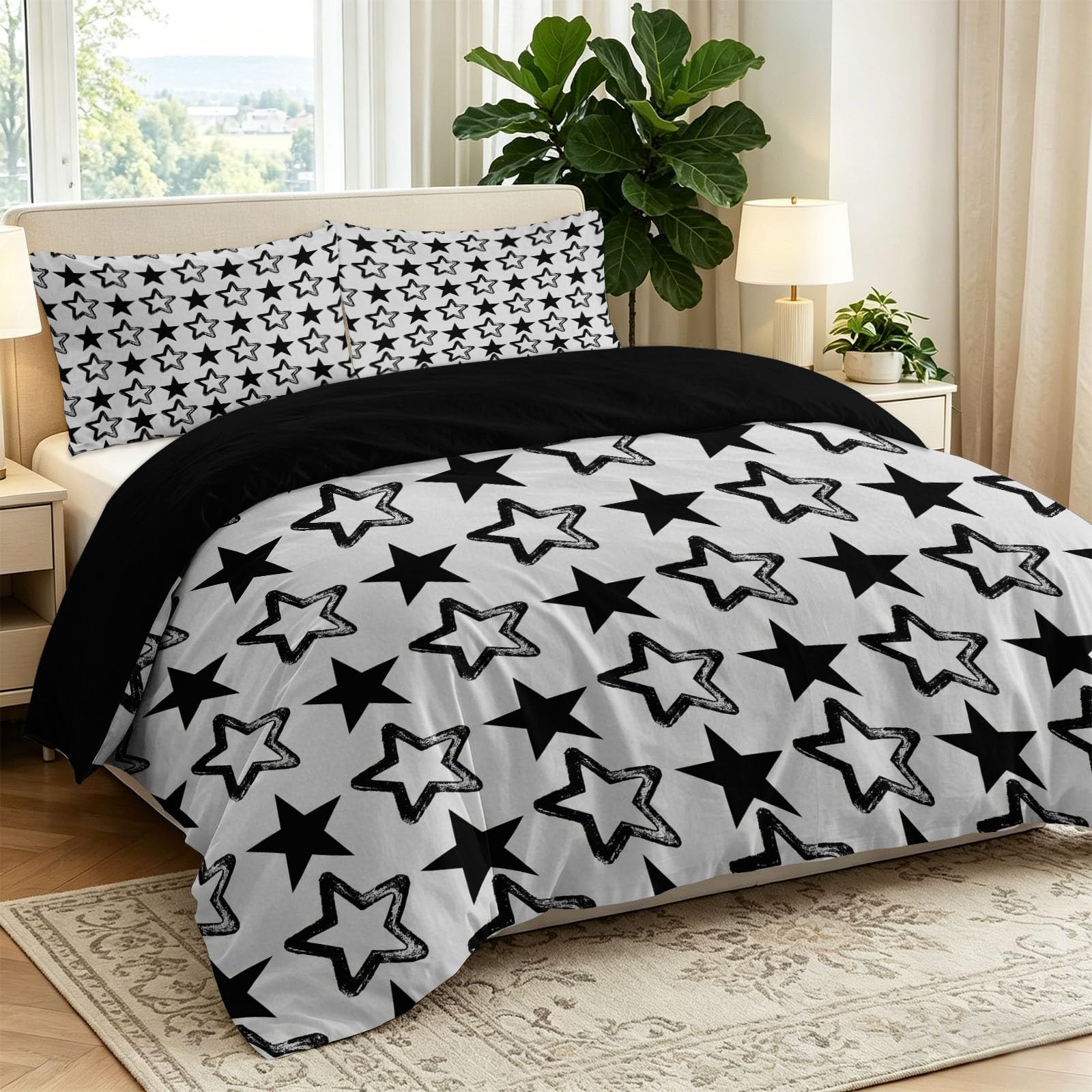Zestawy poszewek na kołdrę 200 x 200 cm z 2 x poszewkami na poduszki, minimalistyczny geometryczny nadruk pościel z mikrofibry zestaw pościeli z zamkiem błyskawicznym dla 2 osób, gwiazdy ręcznie