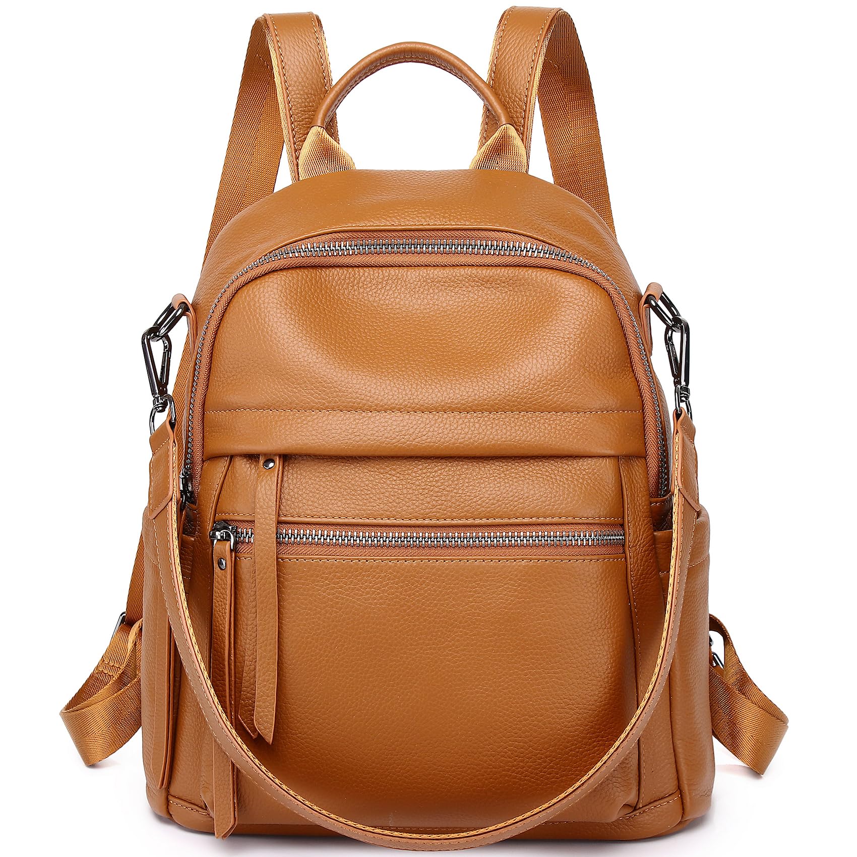 Wesccimo Genuine Leather Backpack Purse For Women Orange Brown Real Soft Leather Convertible Ladies Daypack Shoulder Bag