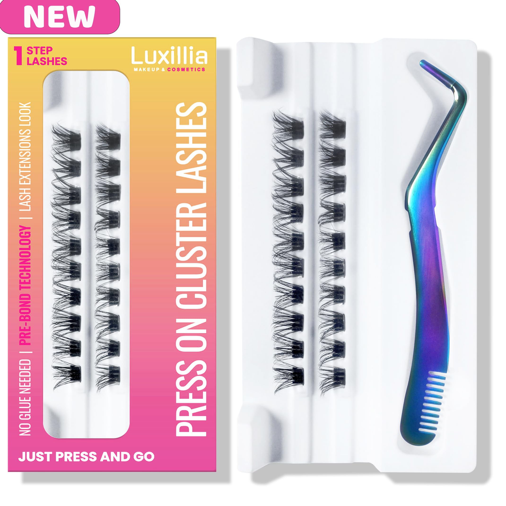 LuxilliaPress On Cluster Lashes Kit, Natural, Black, No Glue Needed, Fuss Free, Invisible Band, Natural, 24 Hours, No Damage