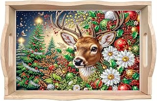 DIY Diamond Art Painting Serving Tray Creative Design Handmade Wooden Rectangular Snack Tray Dinner Plate Drill Craft for Coffee Living Room Home Organizer-Christmas Deer
