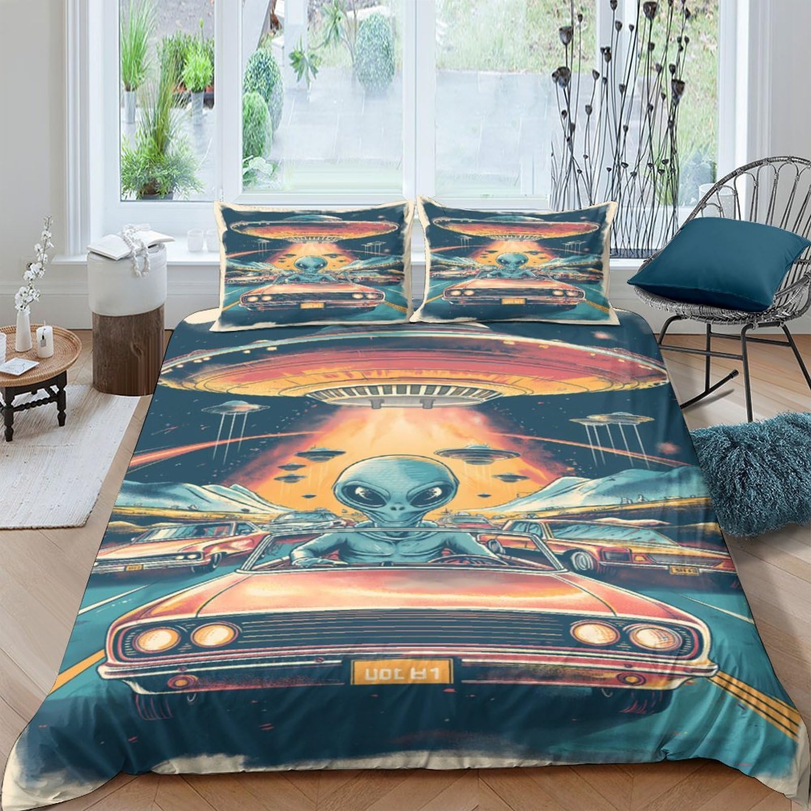 GPLZQXKJNH 3D Printed Alien Car Duvet Cover Microfiber Soft Breathable Sunset Bedding Set with 2 Pillowcases for Bedroom Decor Single（135x200cm）