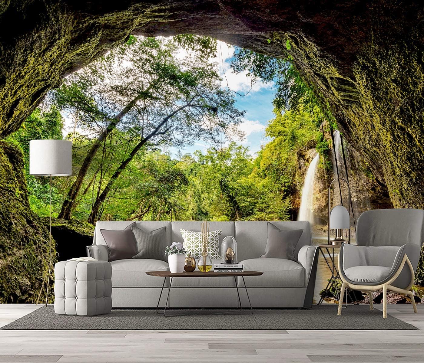 Beautiful Nature Wallpaper Forest Landscapes 3D Space cave Scenery Waterfall Bedroom Woodland Decor Living Room tv Background Large wall Mural Office Jungle - 91"x65" Not Peel and Stick
