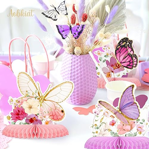 Miniatura 4 de AOBKIAT Decoraciones de fiesta de cumpleaños de mariposa para niñas, 9 piezas de centros de mesa de panal con purpurina para mesas para baby shower,