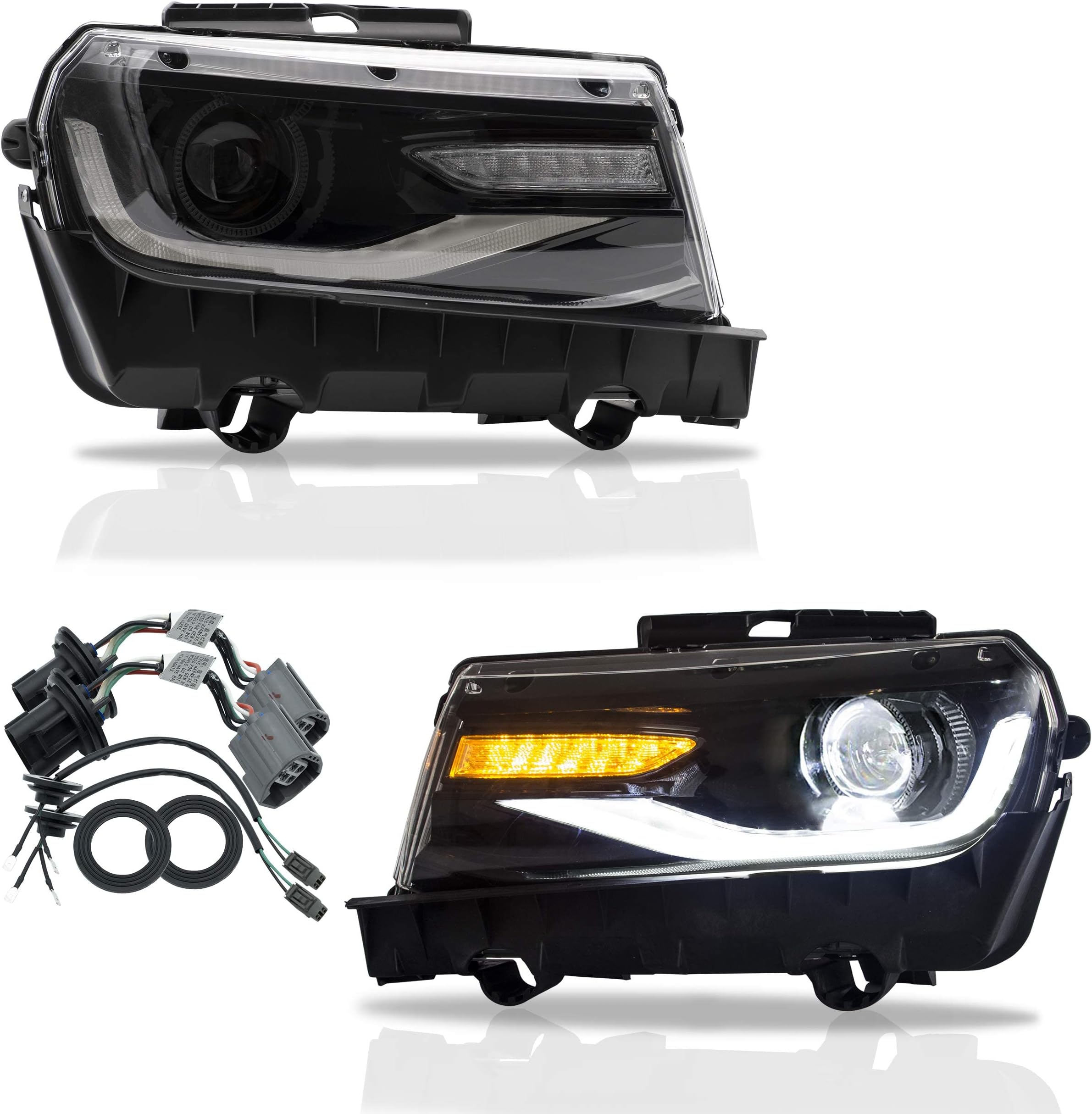 VLAND Headlights Assembly Fit for Chevy Chevrolet Camaro 5th Gen 2014 2015 W/Dual Beam Lens DRL, LED Front light with Sequential Turn Signal, Plug-n-Play Headlamp
