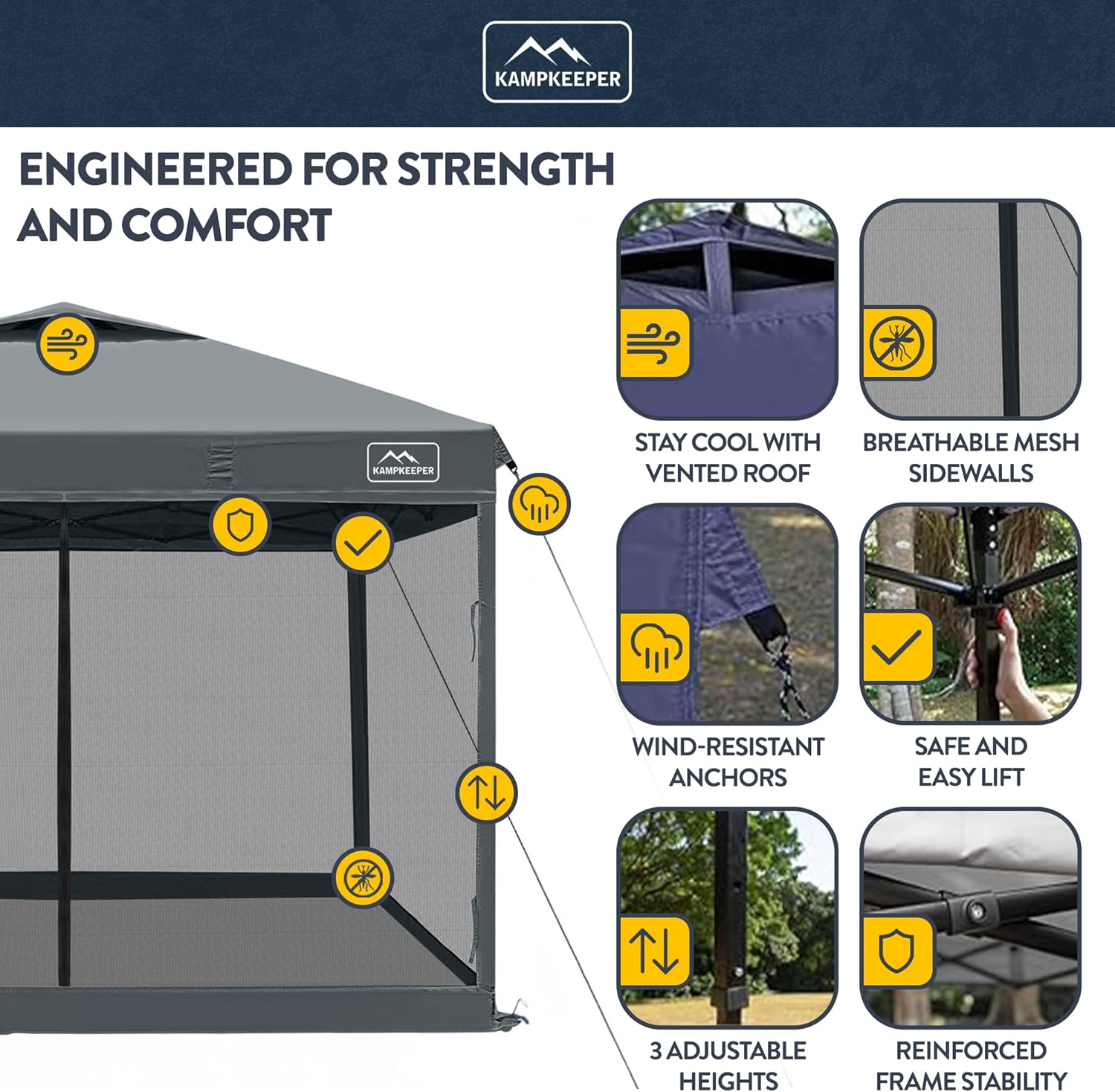 KAMPKEEPER 10x10 Pop-Up Canopy Tent, Waterproof Portable Shade with Screen Walls, Adjustable Instant Outdoor Shelter for Camping, Backyard, and Events, Dark Grey