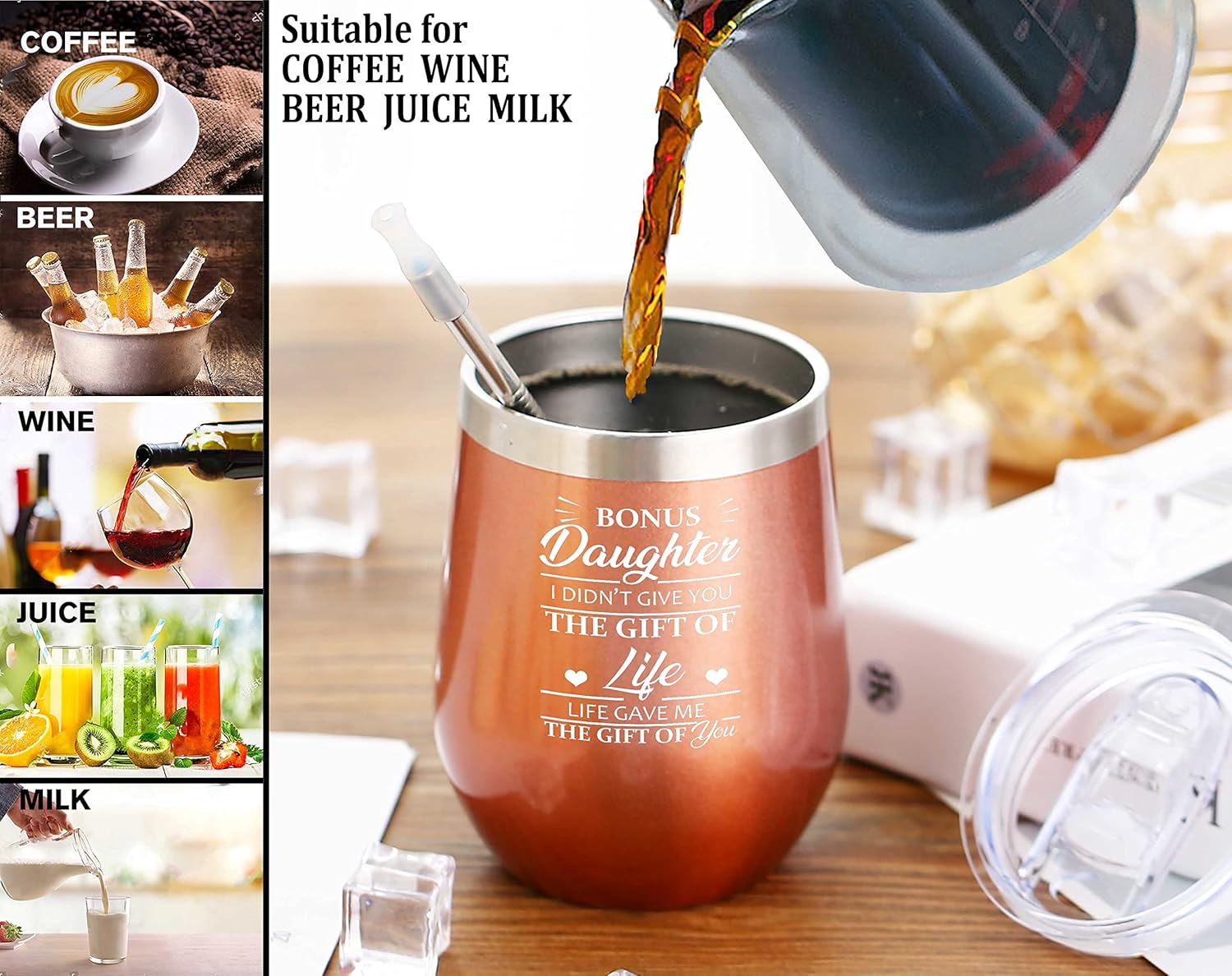 GEANHIL Bonus Daughter Gift-Tumbler for Girl in Law-Step Daughter Present from Mom-Birthday Graduation Christmas Gift,I Didn't Give You the Present of Life-12oz Rose Golden Tumbler Coffee Cup Mug - Image 3