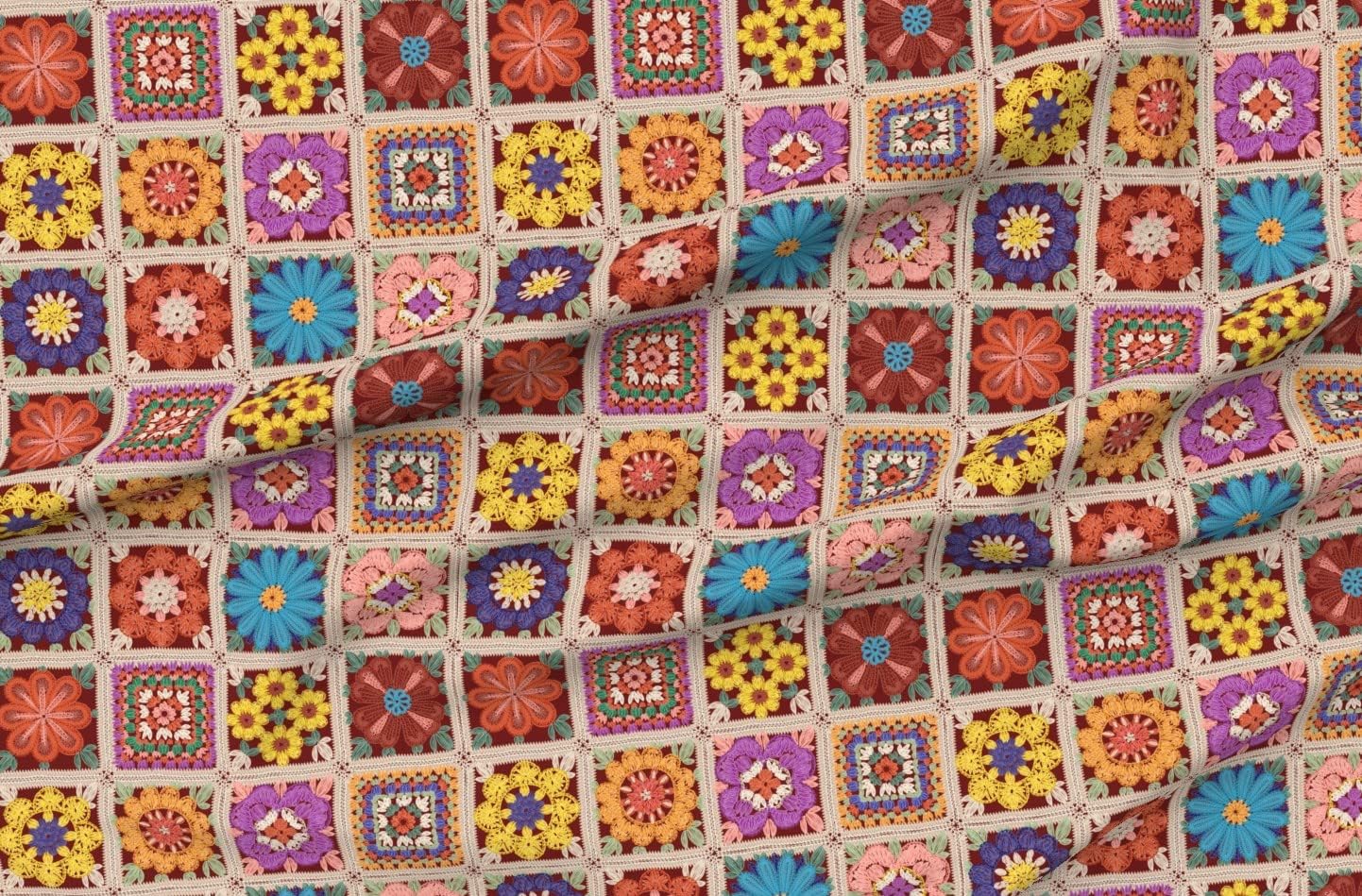 Spoonflower Fabric - Granny Square Garden Flowers Crochet Nostalgic Vintage Printed on Minky Fabric by The Yard - Sewing Baby Blankets Quilt Backing Plush