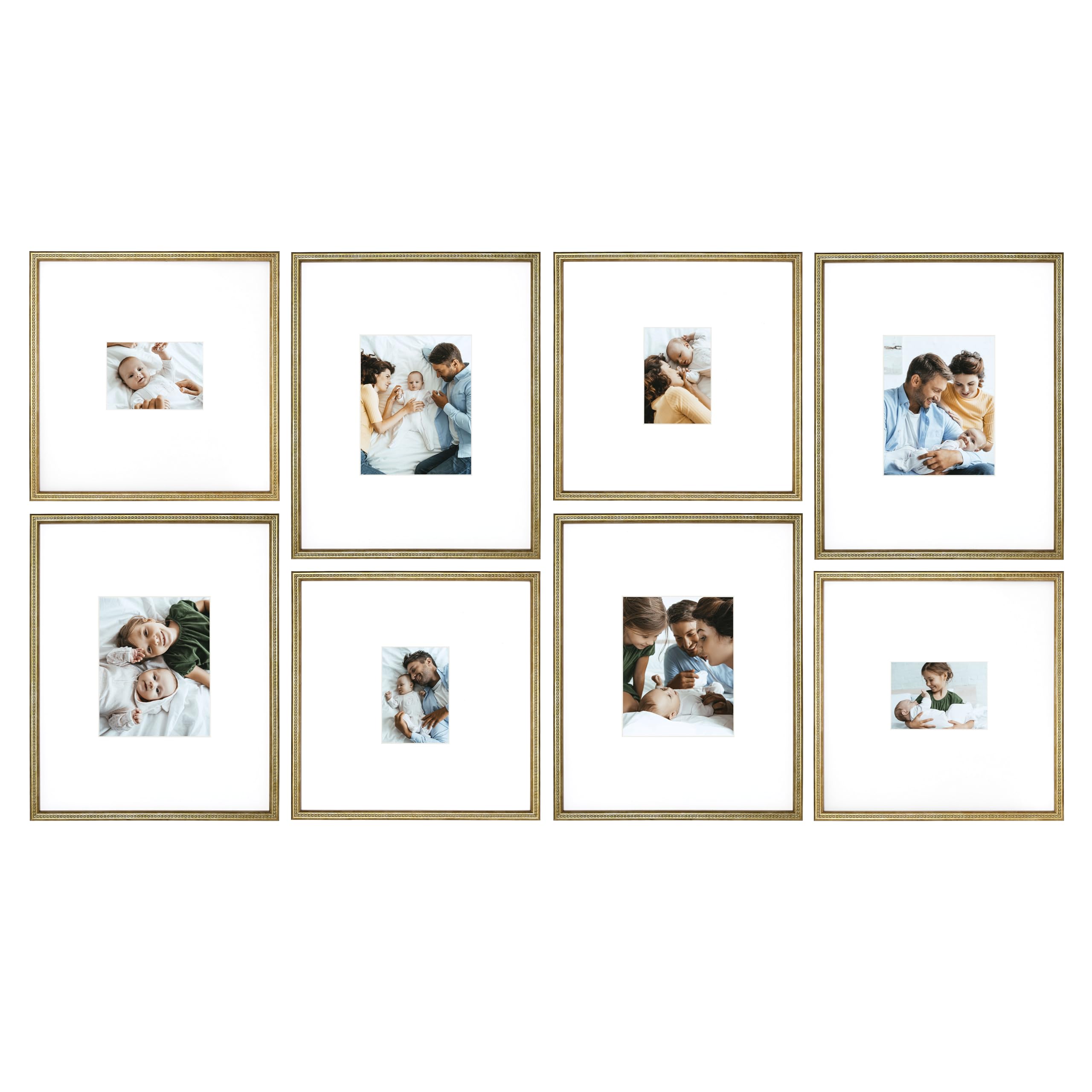 Camden Reed Arcadia 8 Piece Oversized Gallery Wall Frame, 16x20 and 16x16 Inch Matted Frames for Featuring 8x10 and 5x7 Inch Photographs or Art Prints, Brass Molding